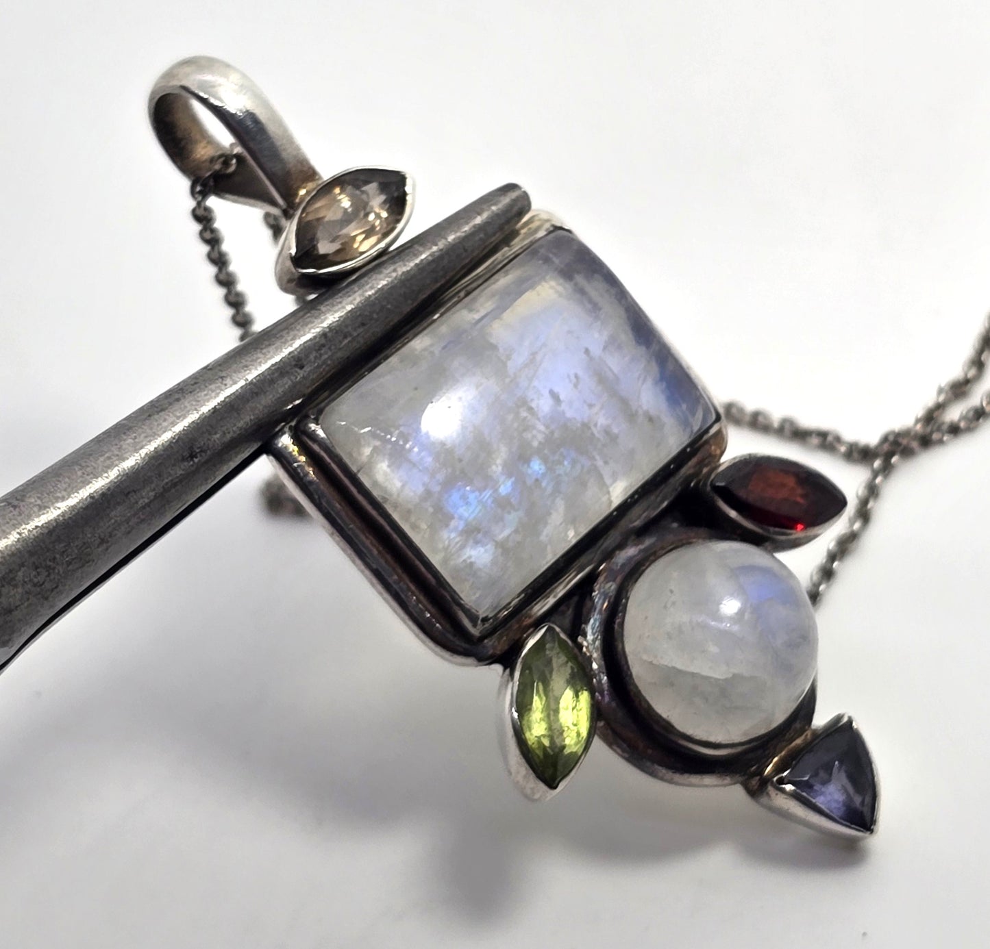 Blue Moonstone iolite peridot garnet quartz gemstone pendant sterling silver necklace