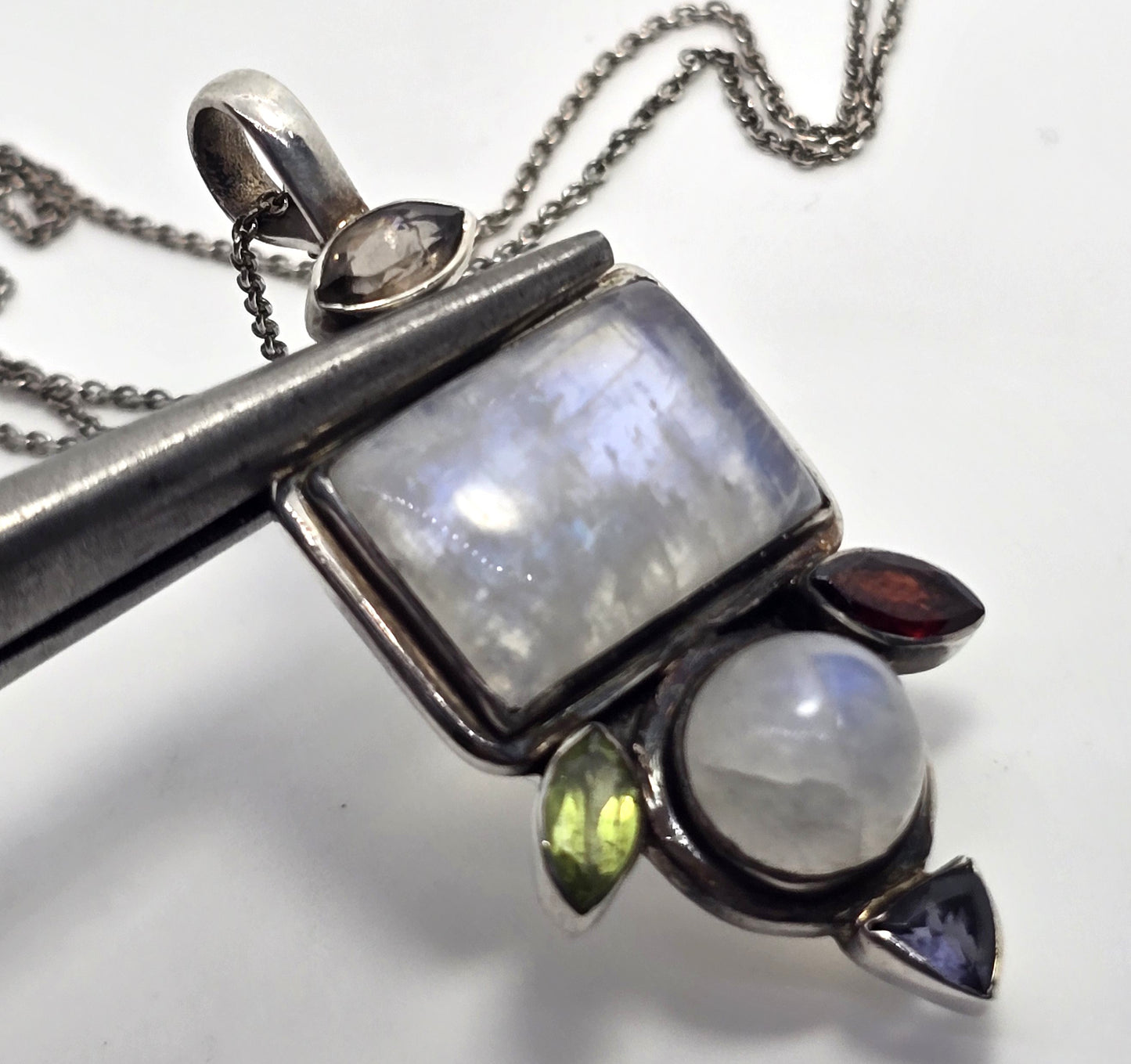 Blue Moonstone iolite peridot garnet quartz gemstone pendant sterling silver necklace