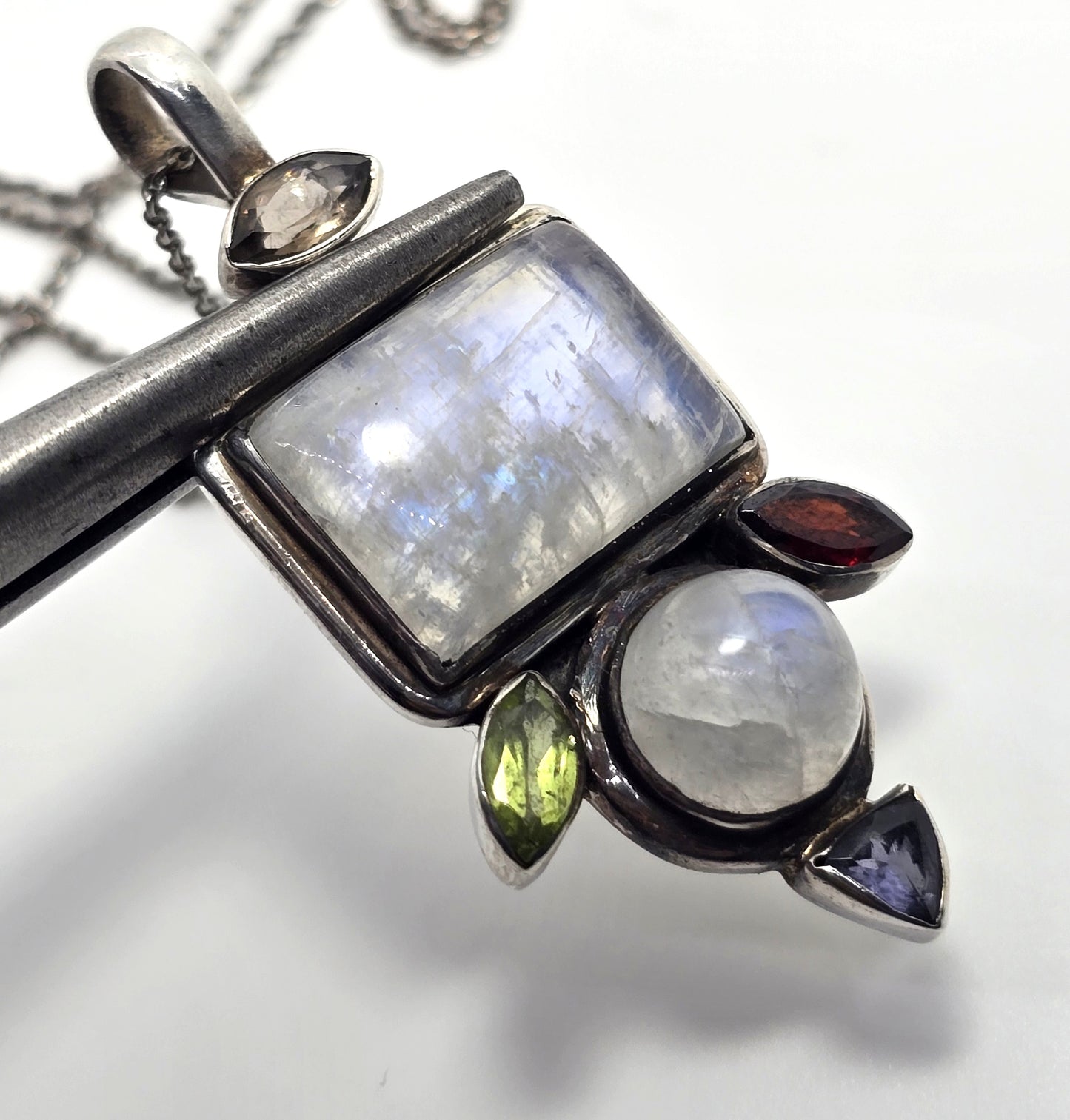 Blue Moonstone iolite peridot garnet quartz gemstone pendant sterling silver necklace