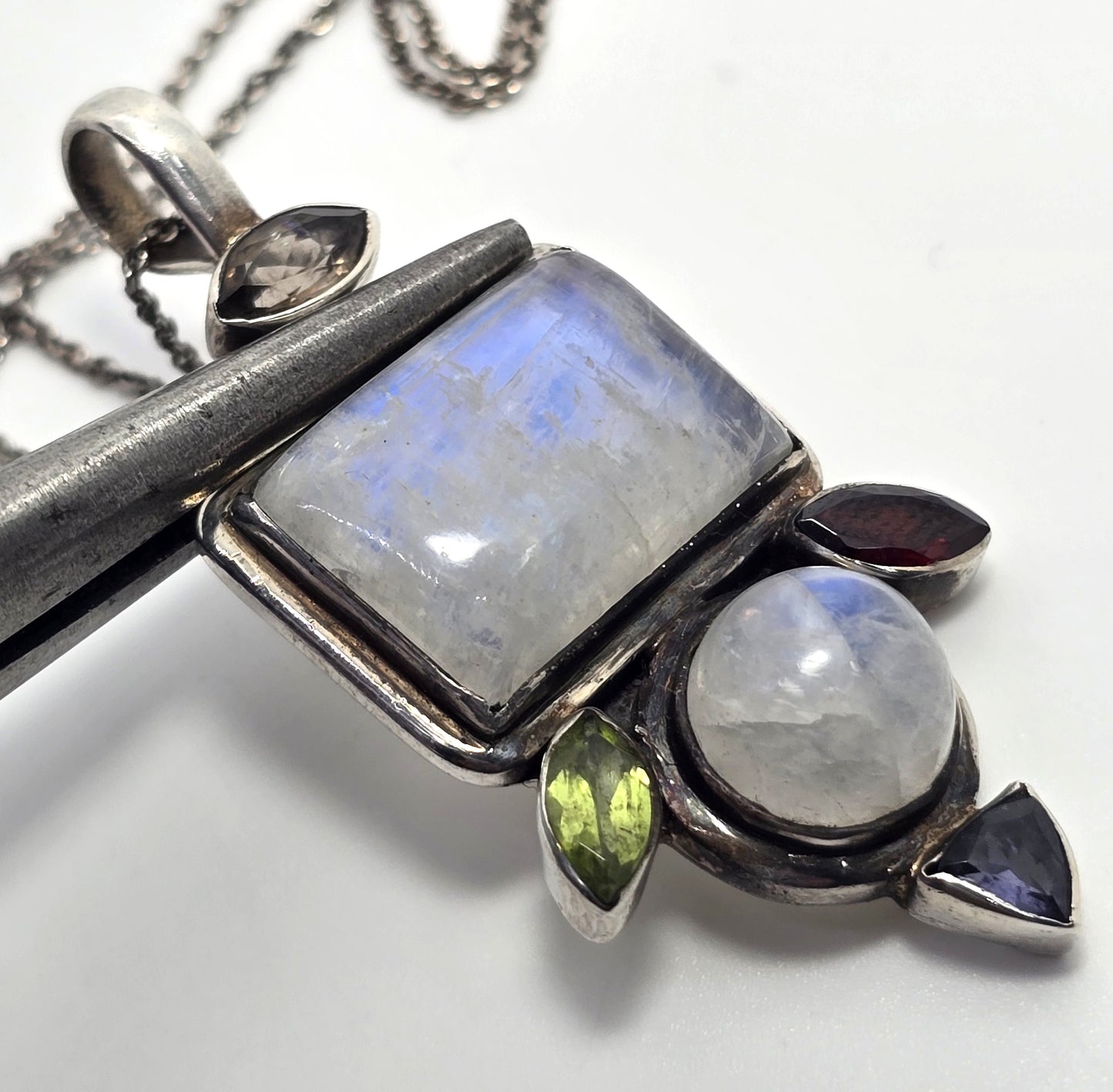 Blue Moonstone iolite peridot garnet quartz gemstone pendant sterling silver necklace