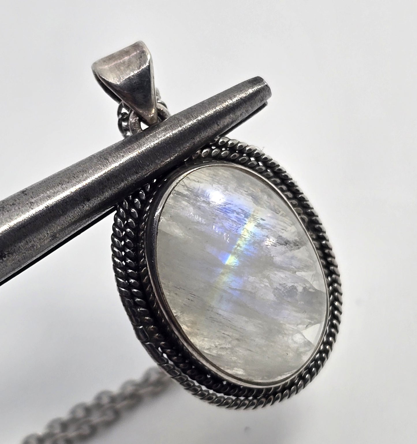 Rainbow Moonstone Flashy gemstone tribal sterling silver necklace