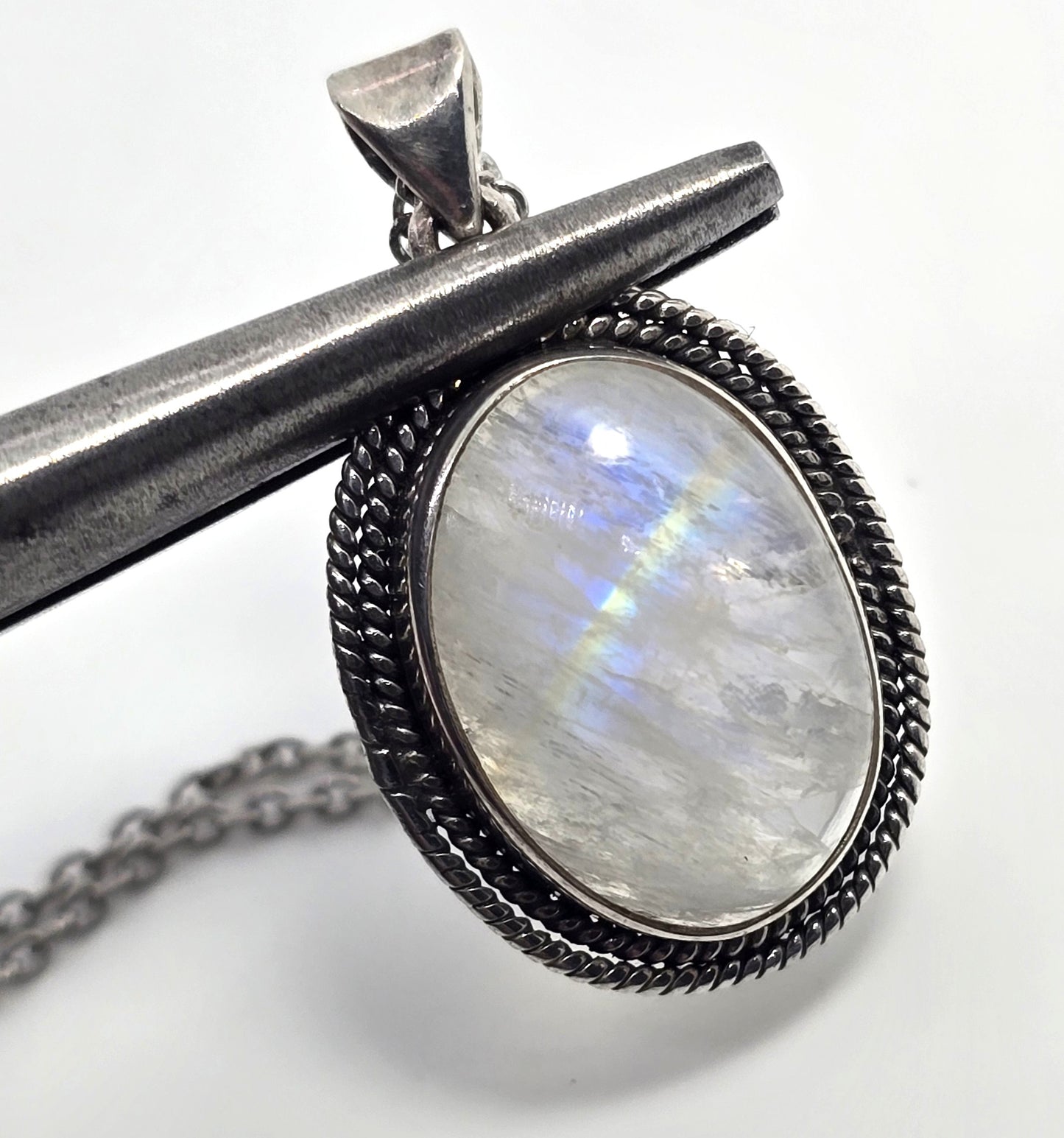 Rainbow Moonstone Flashy gemstone tribal sterling silver necklace