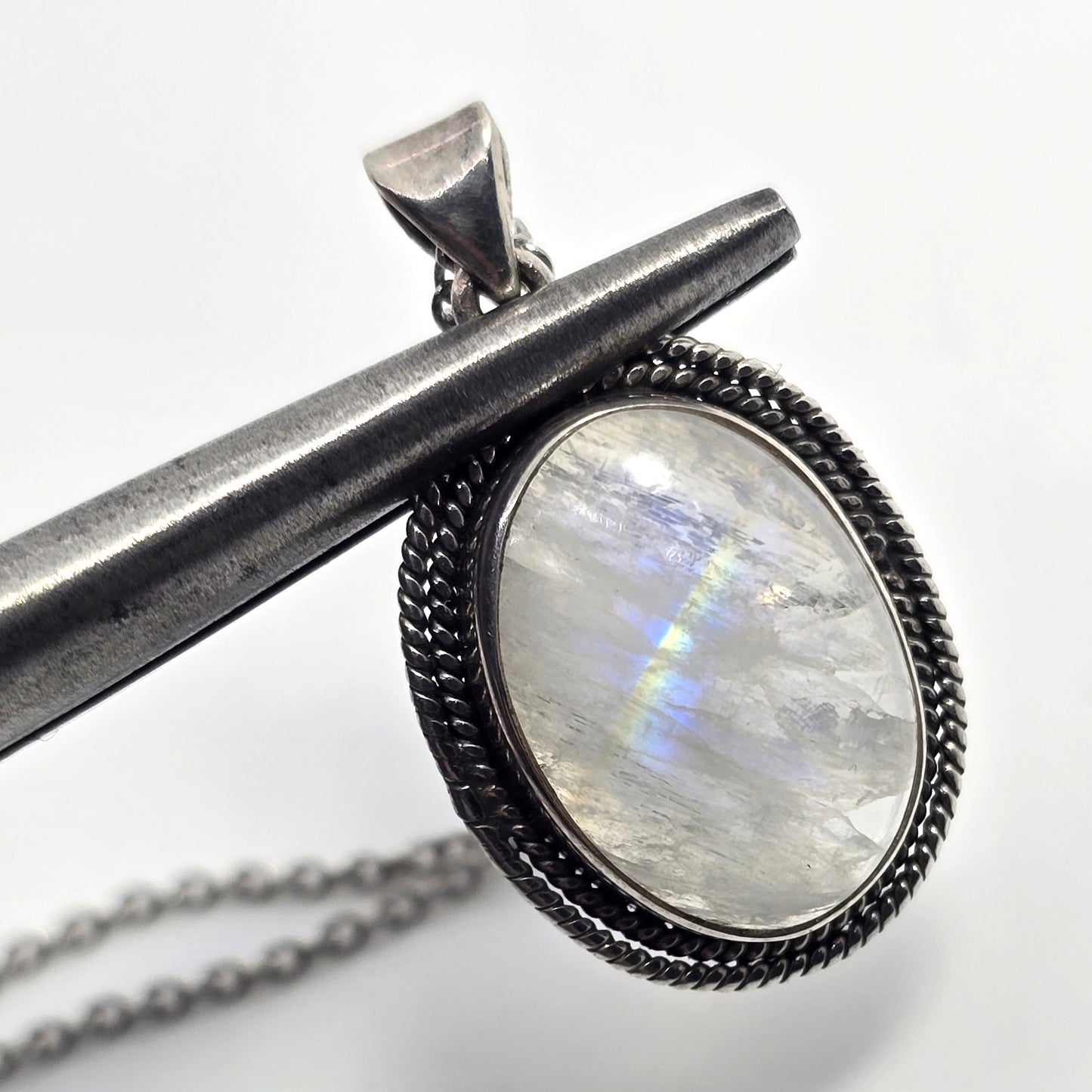 Rainbow Moonstone Flashy gemstone tribal sterling silver necklace