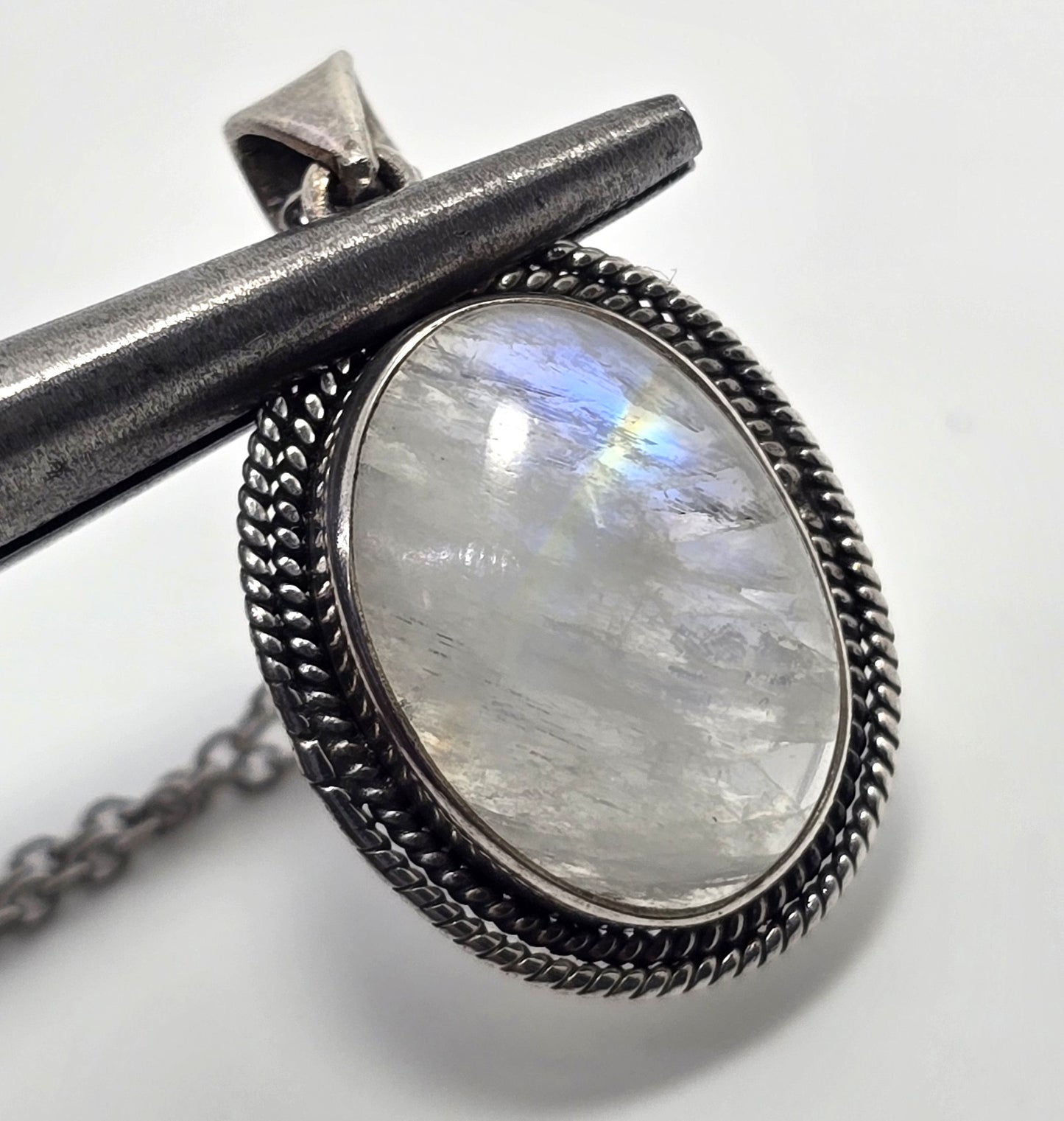 Rainbow Moonstone Flashy gemstone tribal sterling silver necklace