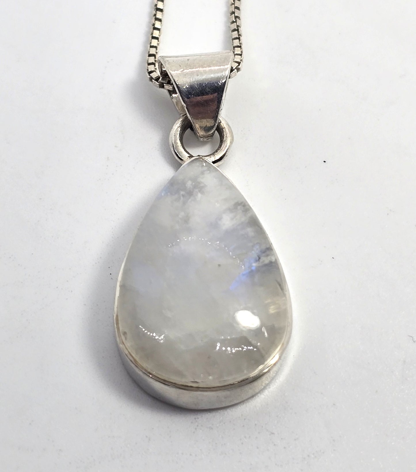 Rainbow Moonstone Flashy pear gemstone tribal sterling silver necklace