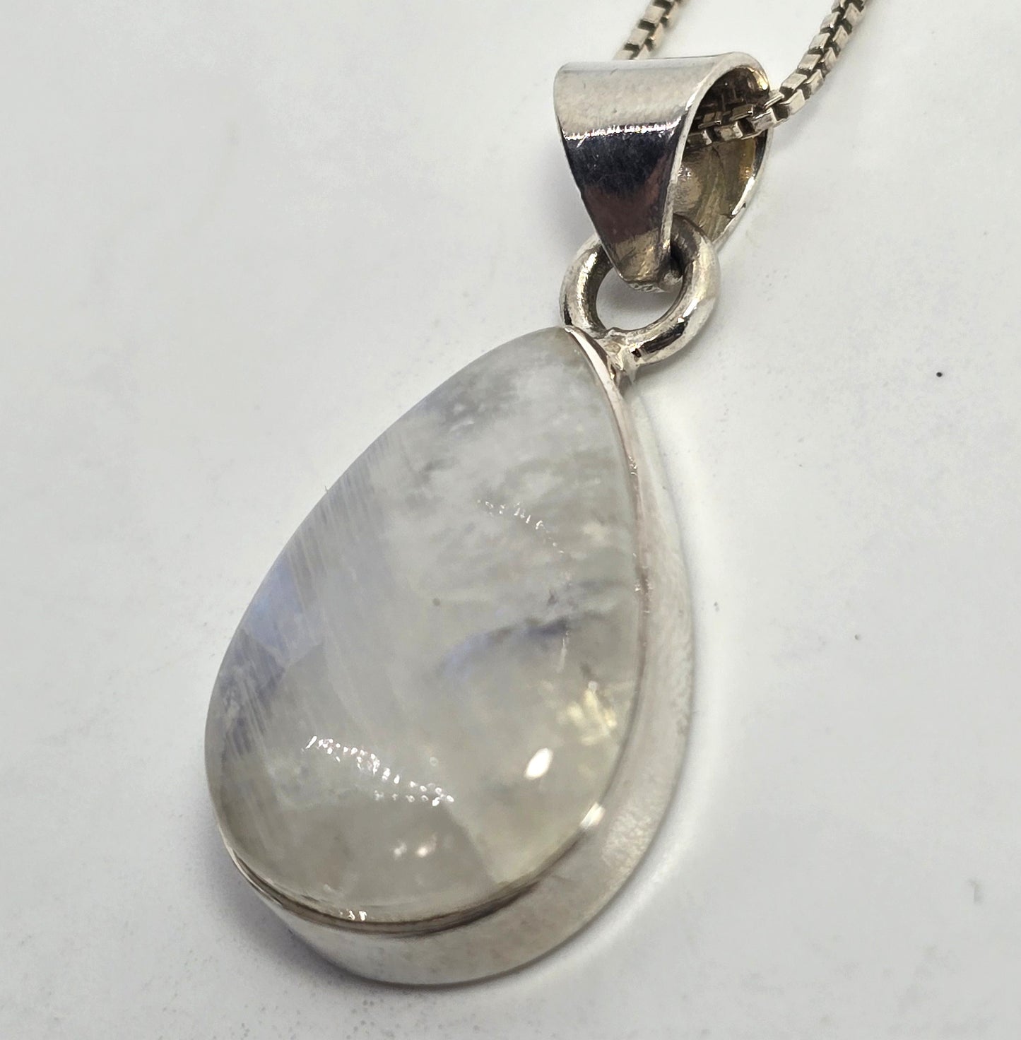Rainbow Moonstone Flashy pear gemstone tribal sterling silver necklace