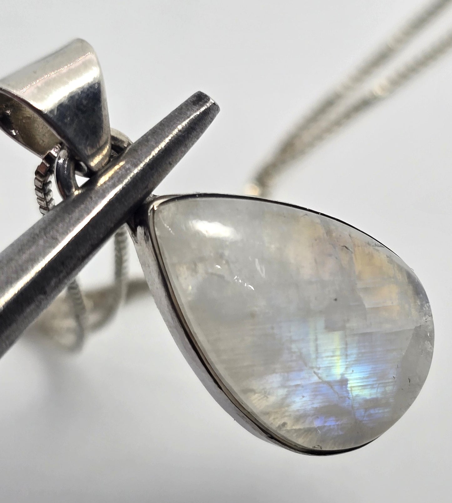 Rainbow Moonstone Flashy pear gemstone tribal sterling silver necklace