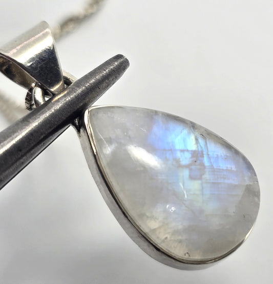 Rainbow Moonstone Flashy pear gemstone tribal sterling silver necklace