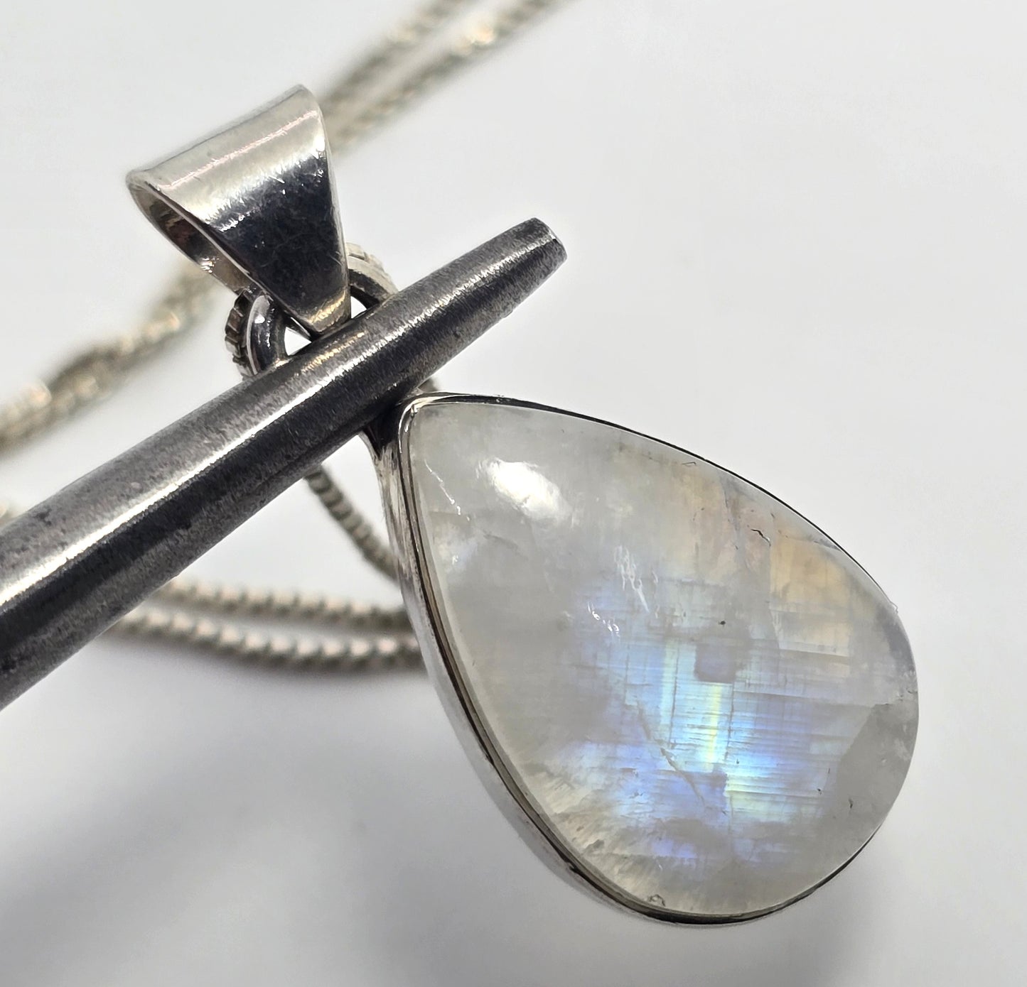 Rainbow Moonstone Flashy pear gemstone tribal sterling silver necklace