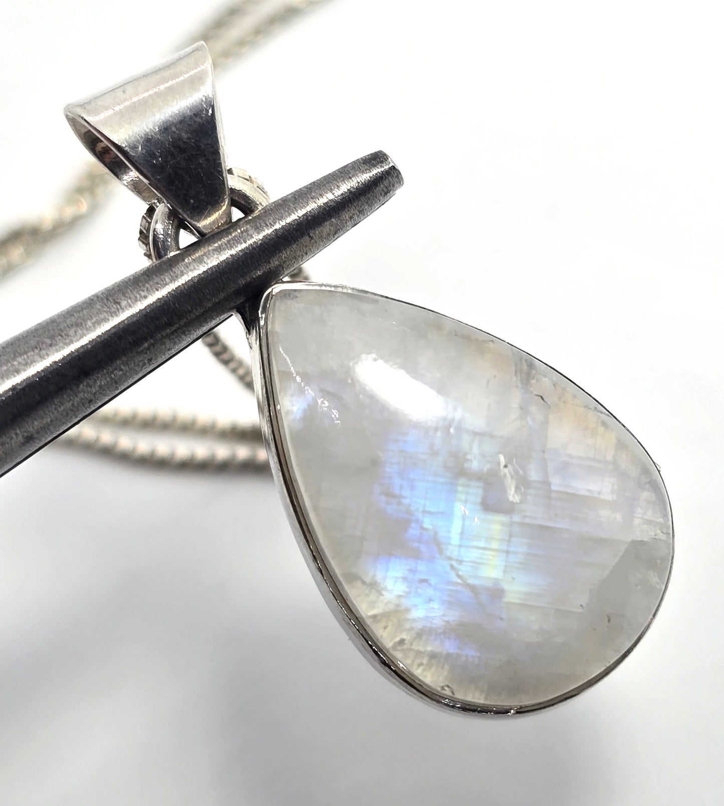 Rainbow Moonstone Flashy pear gemstone tribal sterling silver necklace