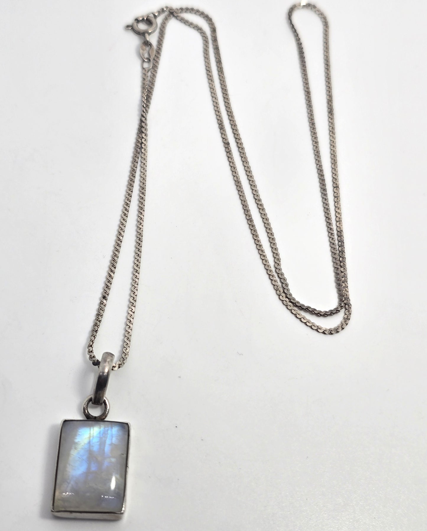 Rainbow Moonstone Flashy square gemstone tribal sterling silver necklace