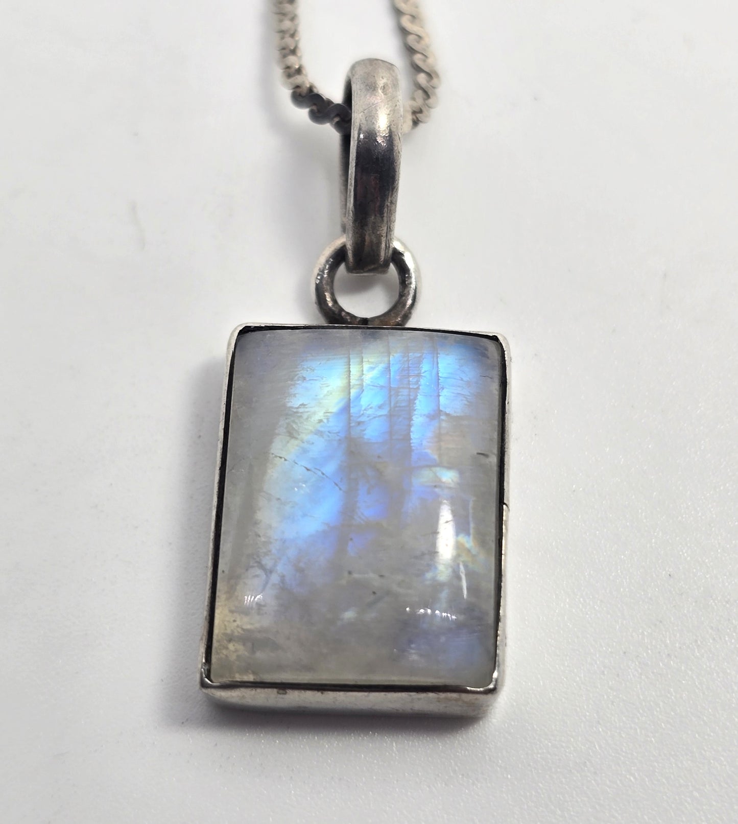 Rainbow Moonstone Flashy square gemstone tribal sterling silver necklace
