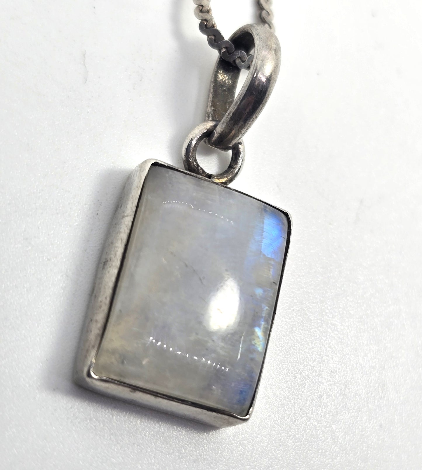 Rainbow Moonstone Flashy square gemstone tribal sterling silver necklace