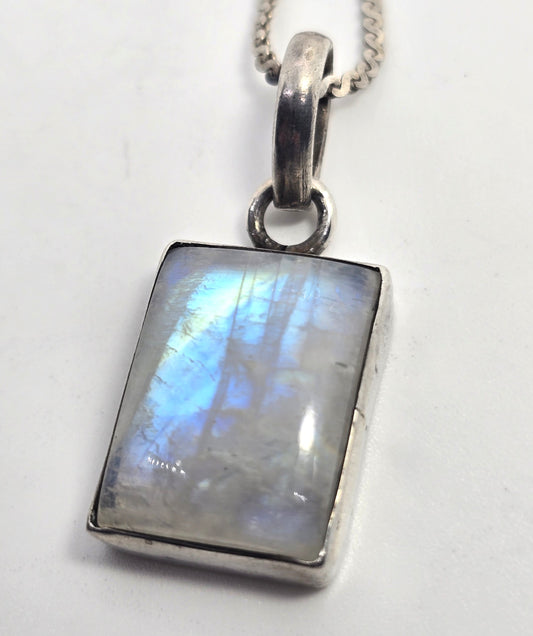 Rainbow Moonstone Flashy square gemstone tribal sterling silver necklace