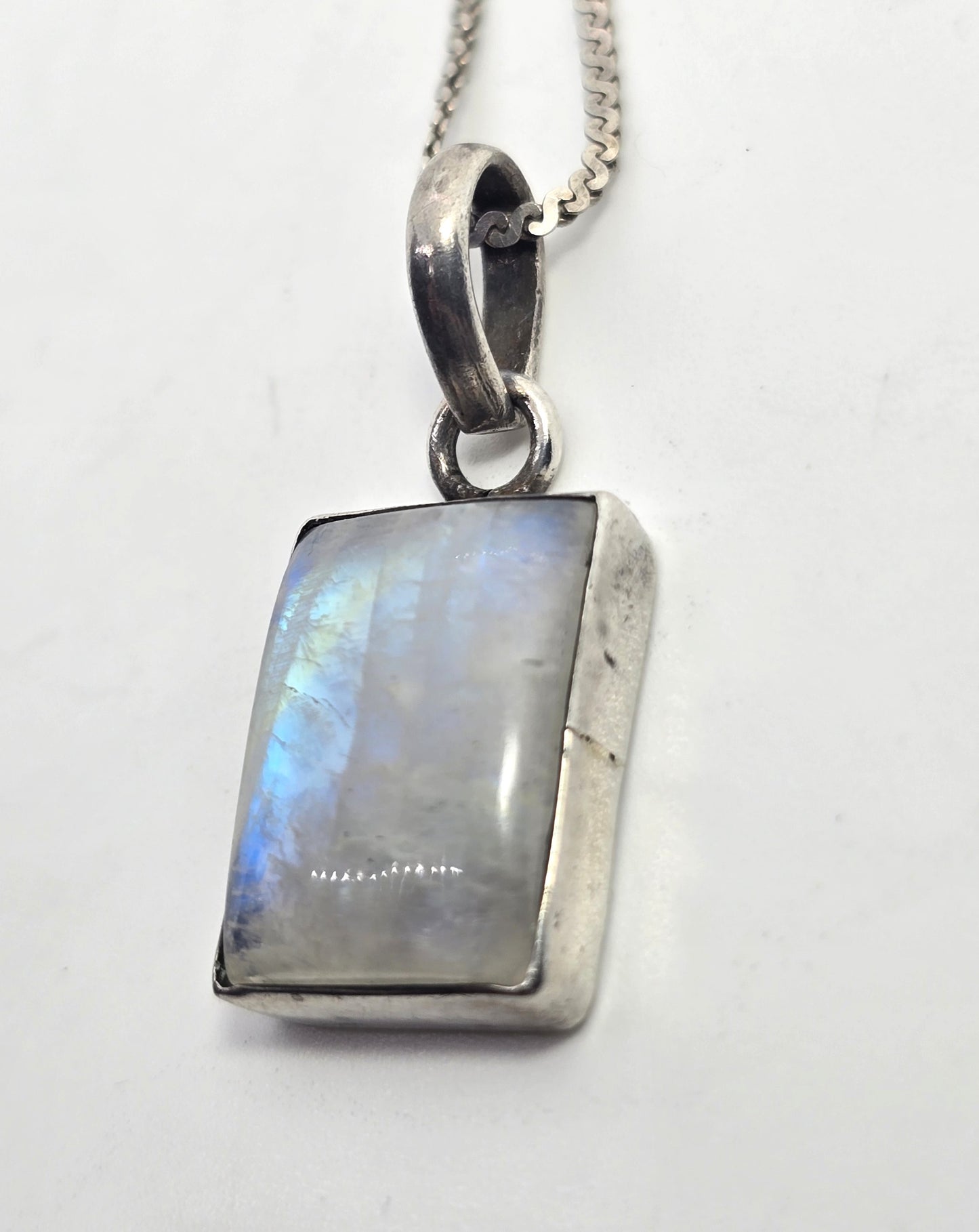 Rainbow Moonstone Flashy square gemstone tribal sterling silver necklace