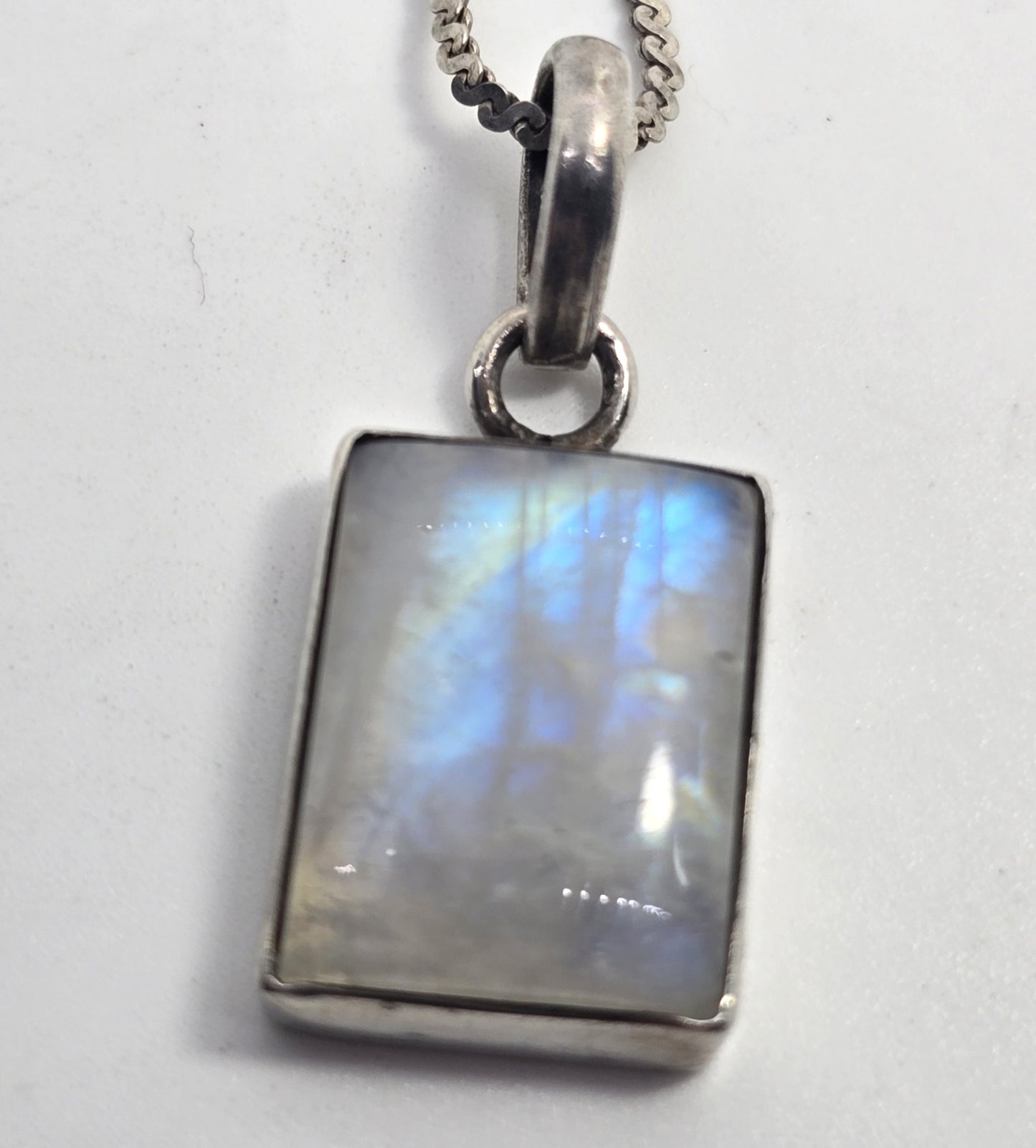 Rainbow Moonstone Flashy square gemstone tribal sterling silver necklace