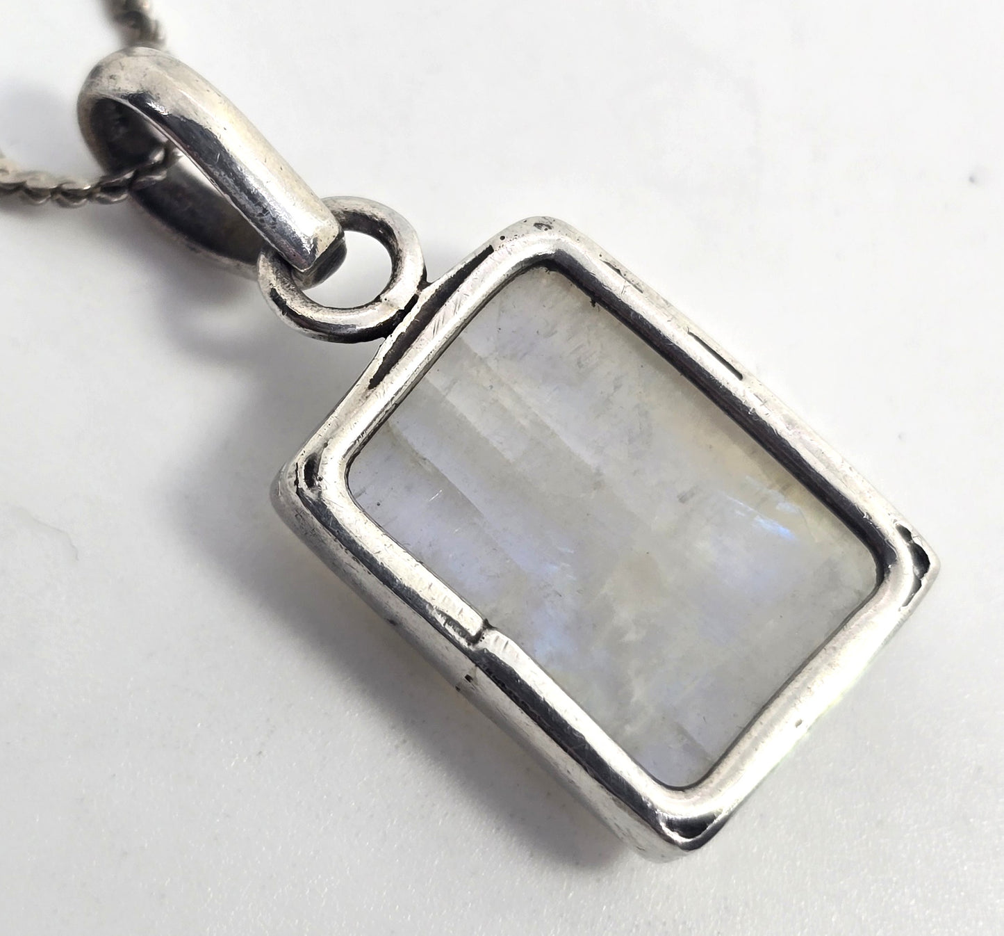 Rainbow Moonstone Flashy square gemstone tribal sterling silver necklace