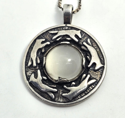 Circle of wolves Silver Moonstone vintage sterling silver pendant necklace