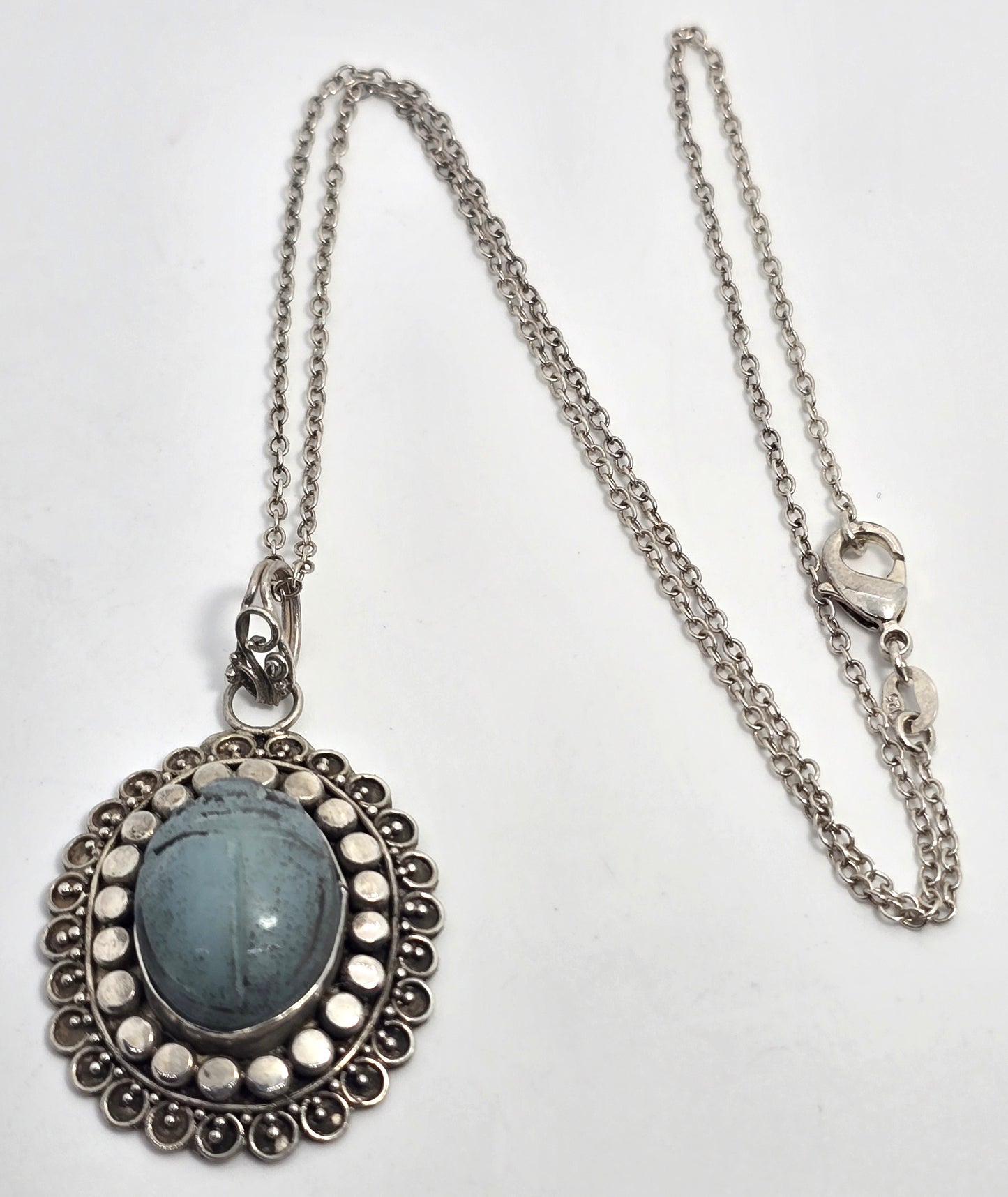 Egyptian Scarab Khepri beetle blue soapstone vintage sterling silver necklace