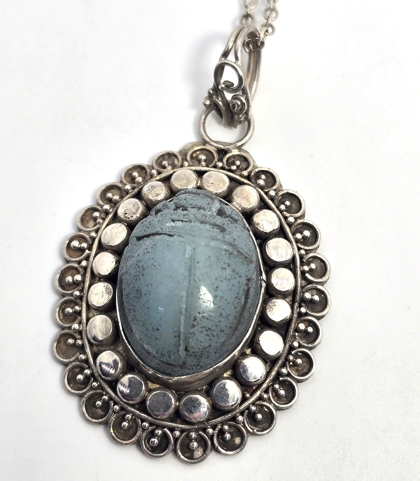 Egyptian Scarab Khepri beetle blue soapstone vintage sterling silver necklace