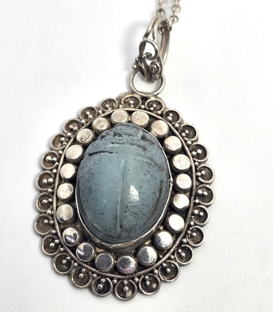 Egyptian Scarab Khepri beetle blue soapstone vintage sterling silver necklace