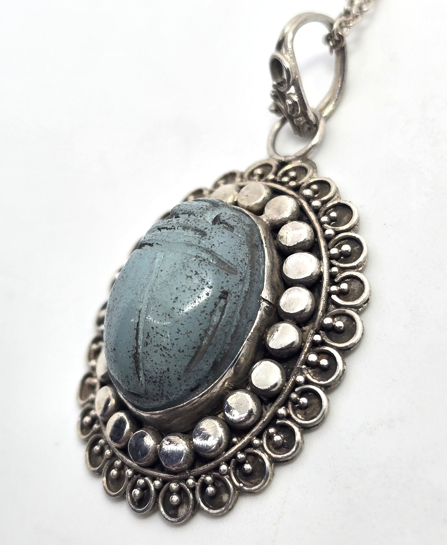 Egyptian Scarab Khepri beetle blue soapstone vintage sterling silver necklace