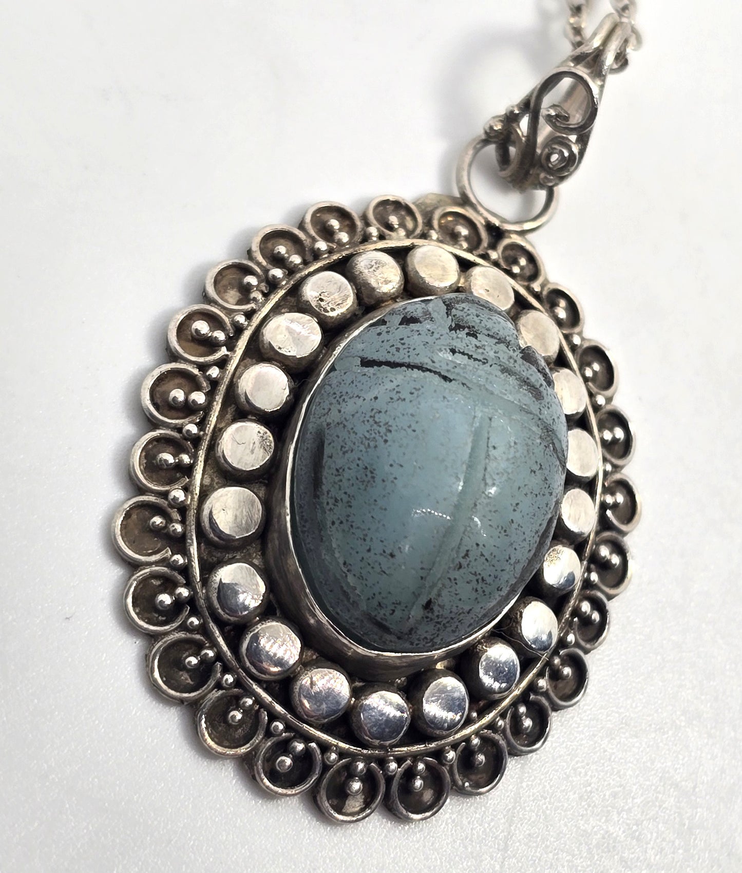 Egyptian Scarab Khepri beetle blue soapstone vintage sterling silver necklace