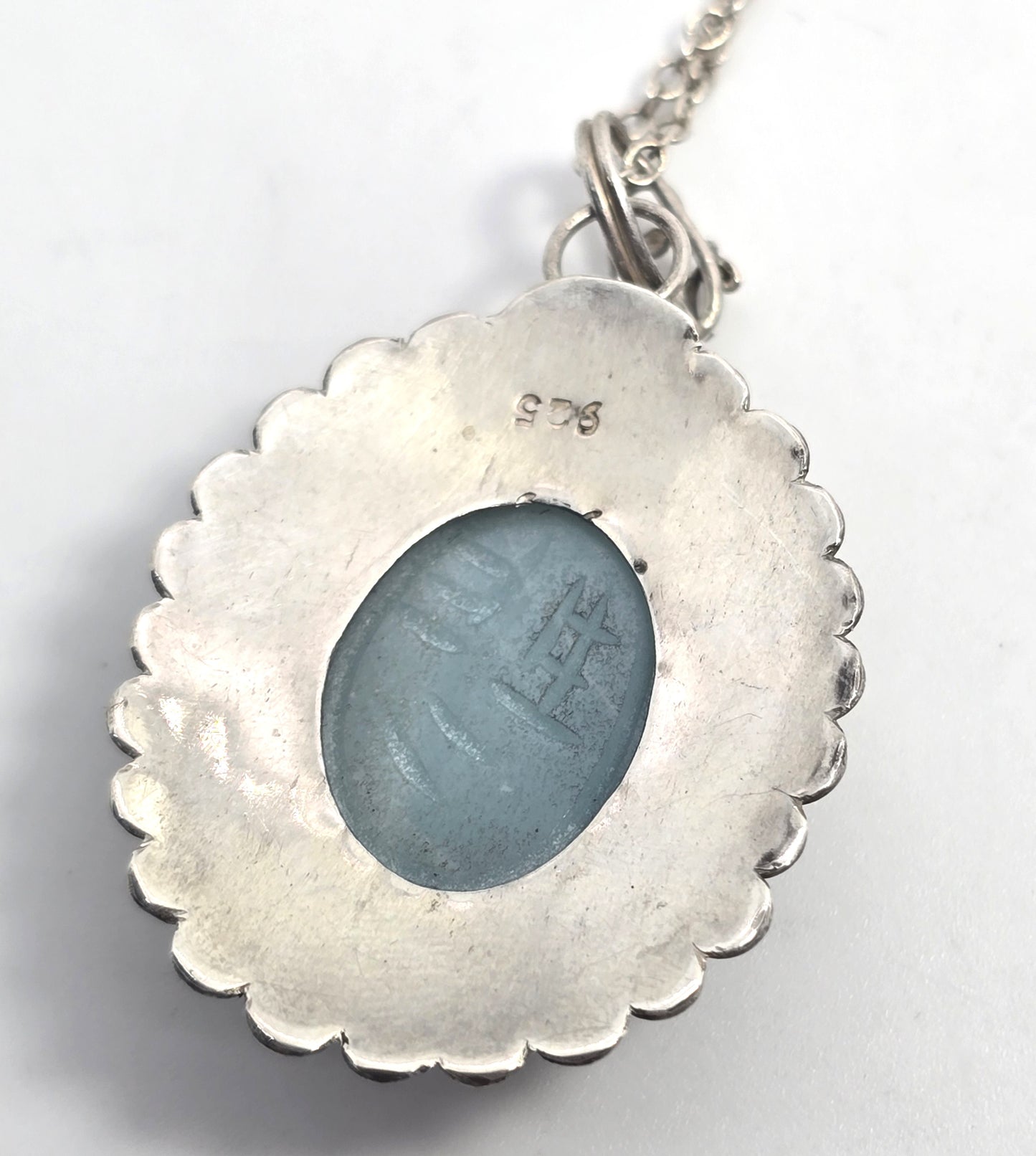 Egyptian Scarab Khepri beetle blue soapstone vintage sterling silver necklace