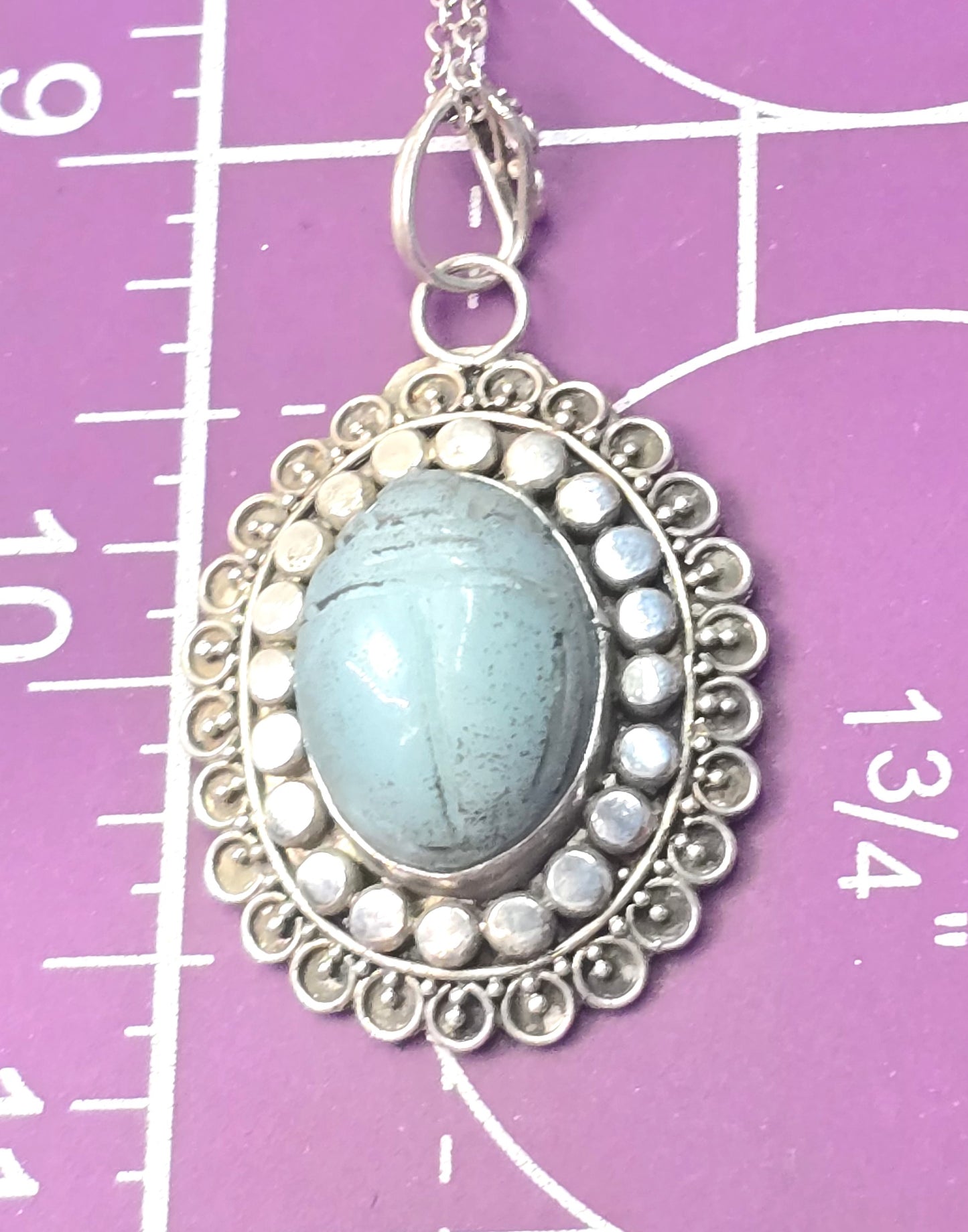 Egyptian Scarab Khepri beetle blue soapstone vintage sterling silver necklace