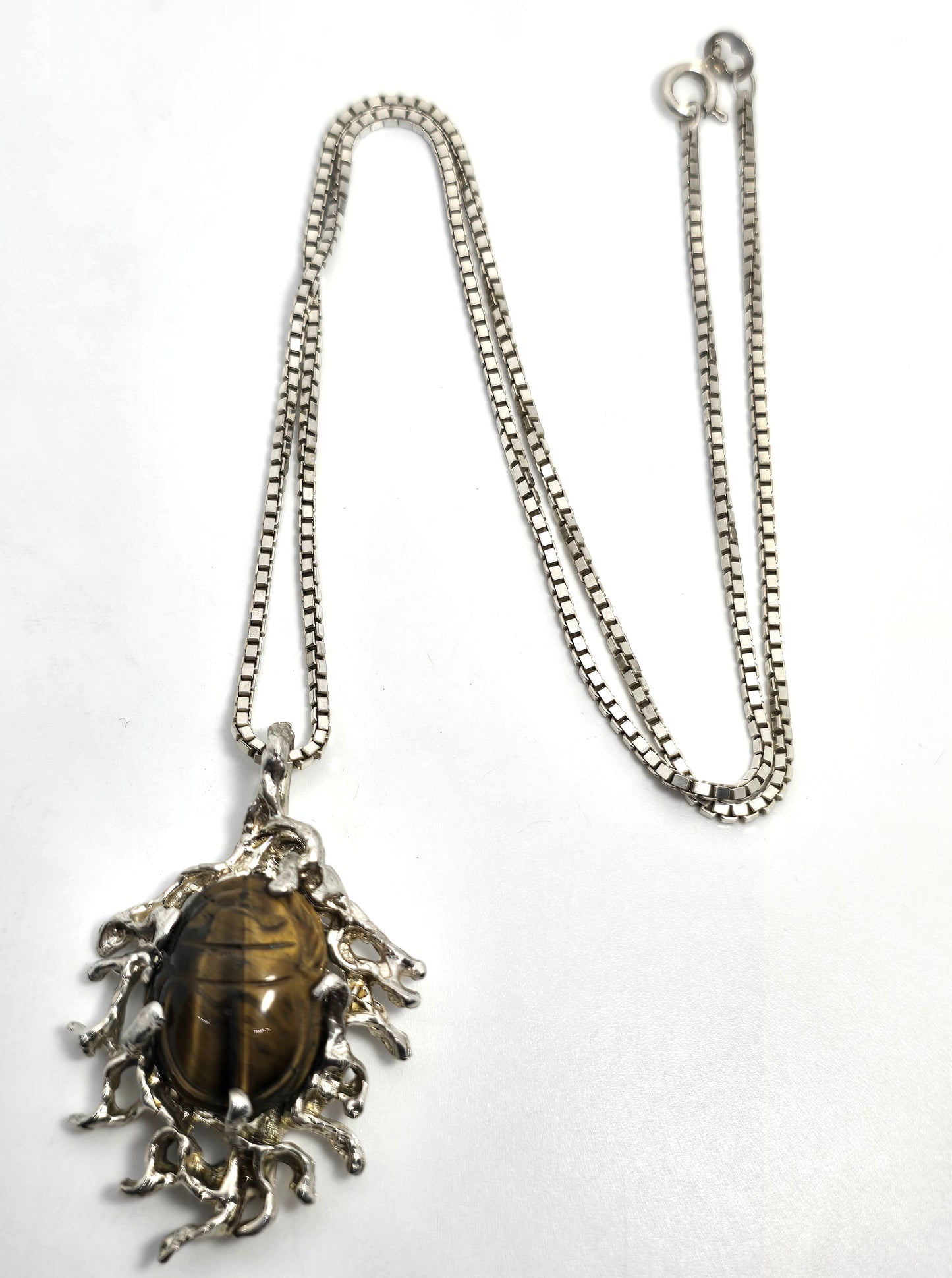 Egyptian Scarab Khepri tiger's eye brutalist vintage sterling silver necklace