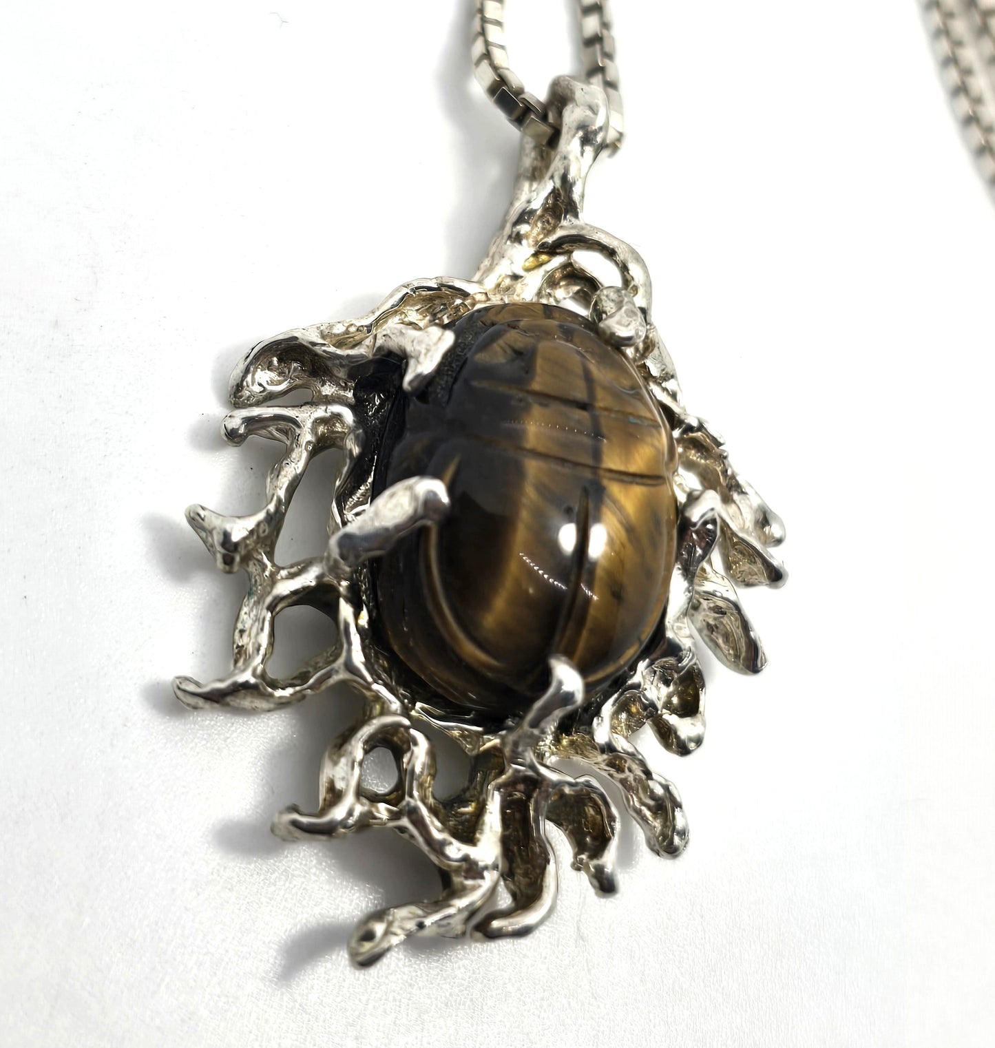 Egyptian Scarab Khepri tiger's eye brutalist vintage sterling silver necklace