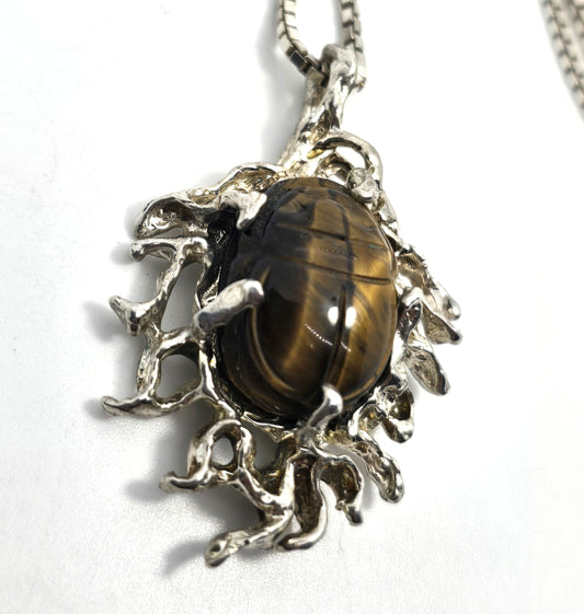 Egyptian Scarab Khepri tiger's eye brutalist vintage sterling silver necklace
