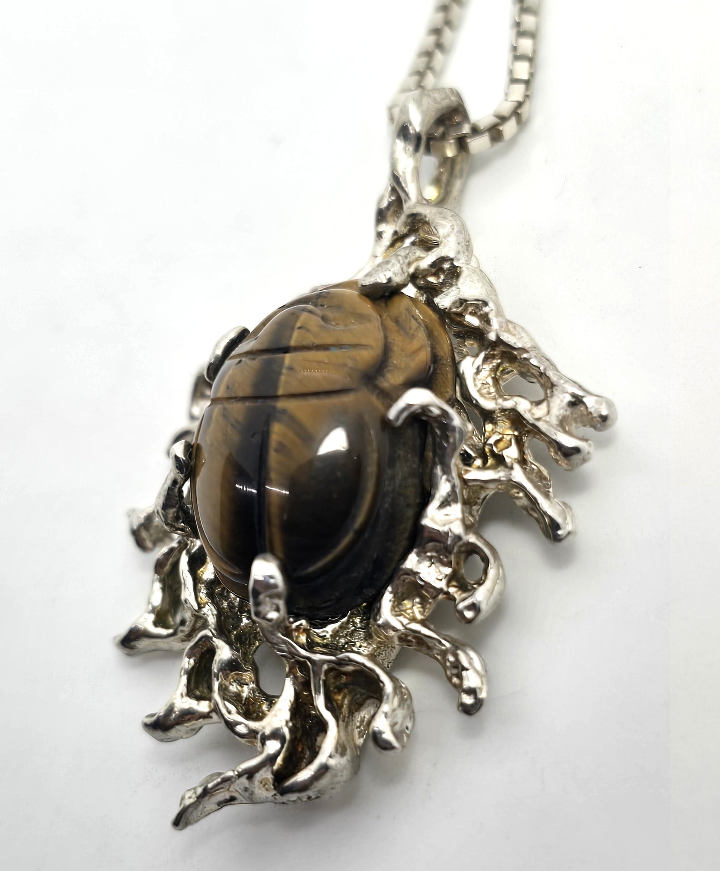 Egyptian Scarab Khepri tiger's eye brutalist vintage sterling silver necklace