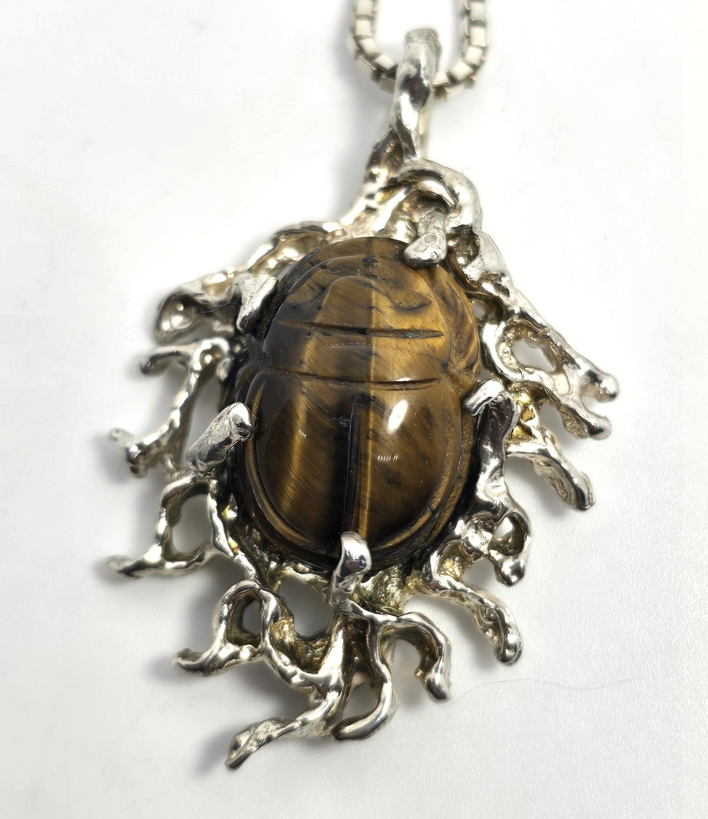 Egyptian Scarab Khepri tiger's eye brutalist vintage sterling silver necklace