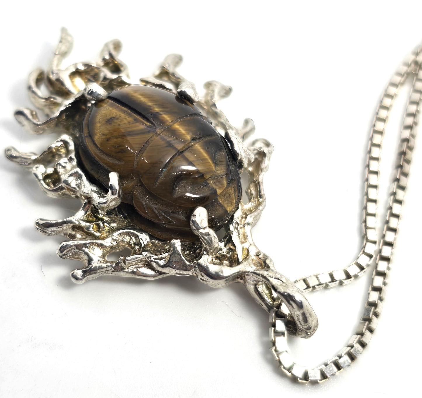 Egyptian Scarab Khepri tiger's eye brutalist vintage sterling silver necklace