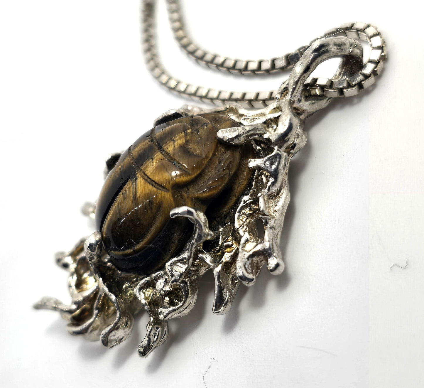 Egyptian Scarab Khepri tiger's eye brutalist vintage sterling silver necklace