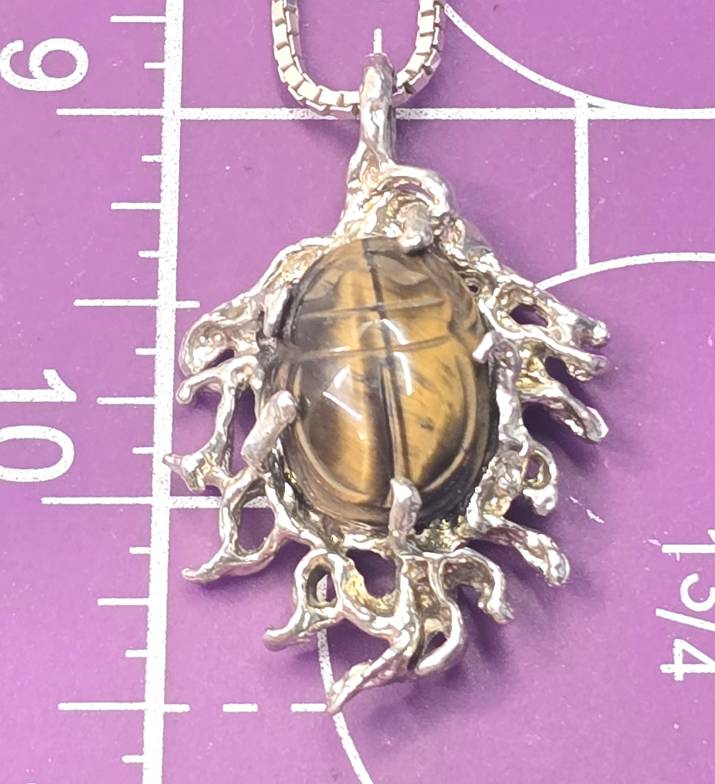 Egyptian Scarab Khepri tiger's eye brutalist vintage sterling silver necklace