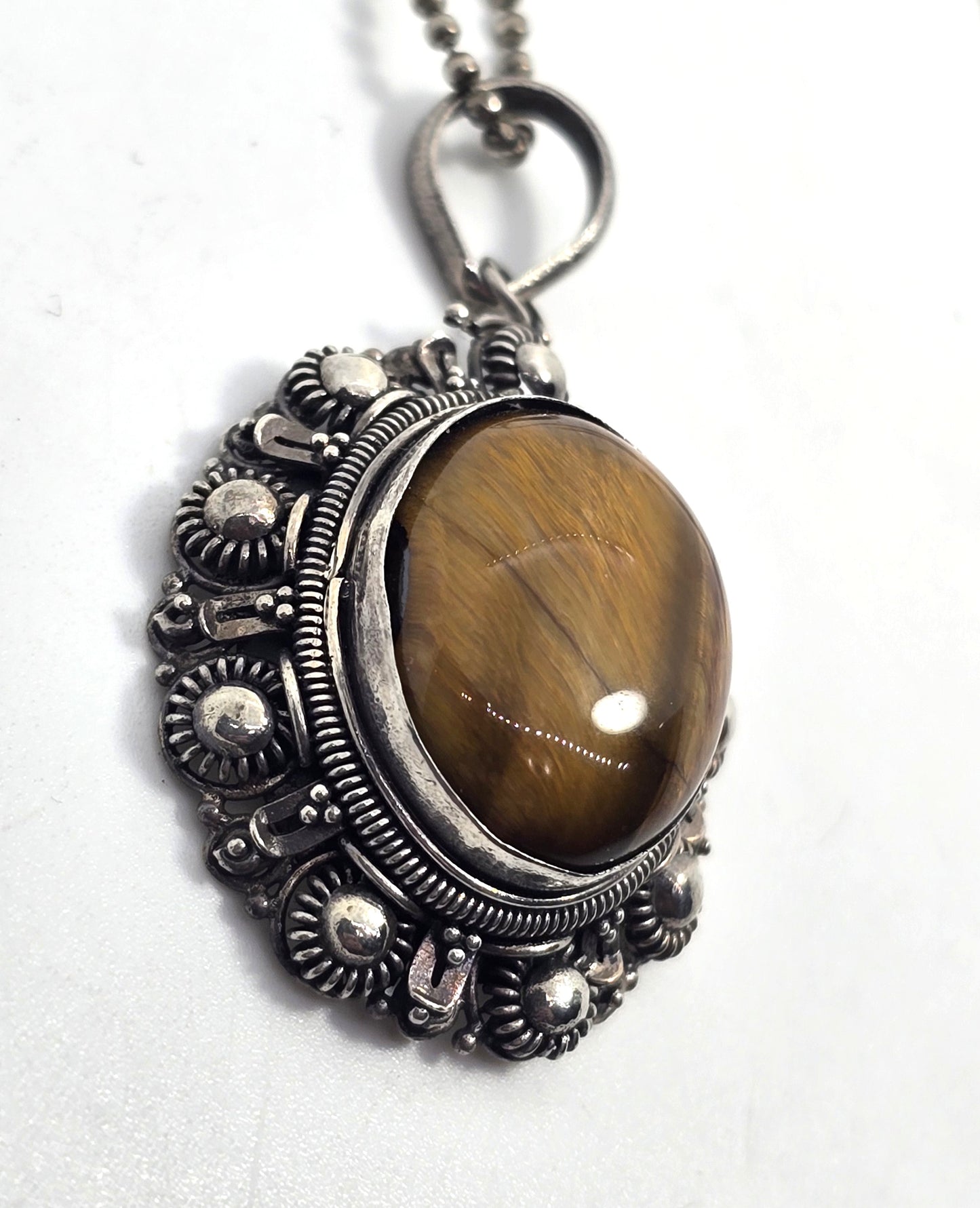 Tiger's eye Tribal ethnic thick vintage sterling silver necklace