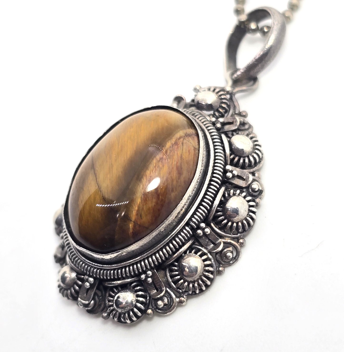 Tiger's eye Tribal ethnic thick vintage sterling silver necklace