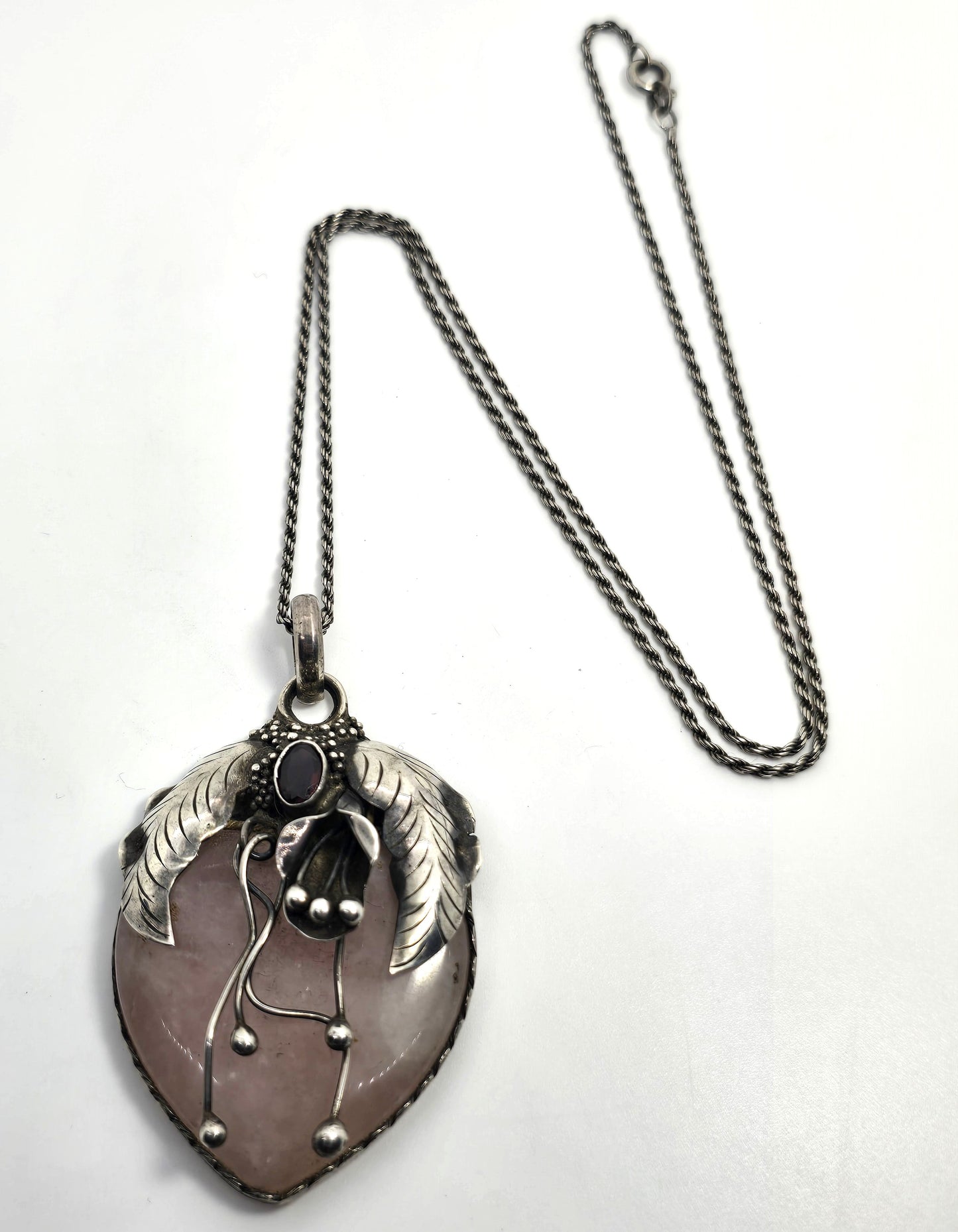 John & Ann Doran rose quartz garnet artisan pendant sterling silver necklace