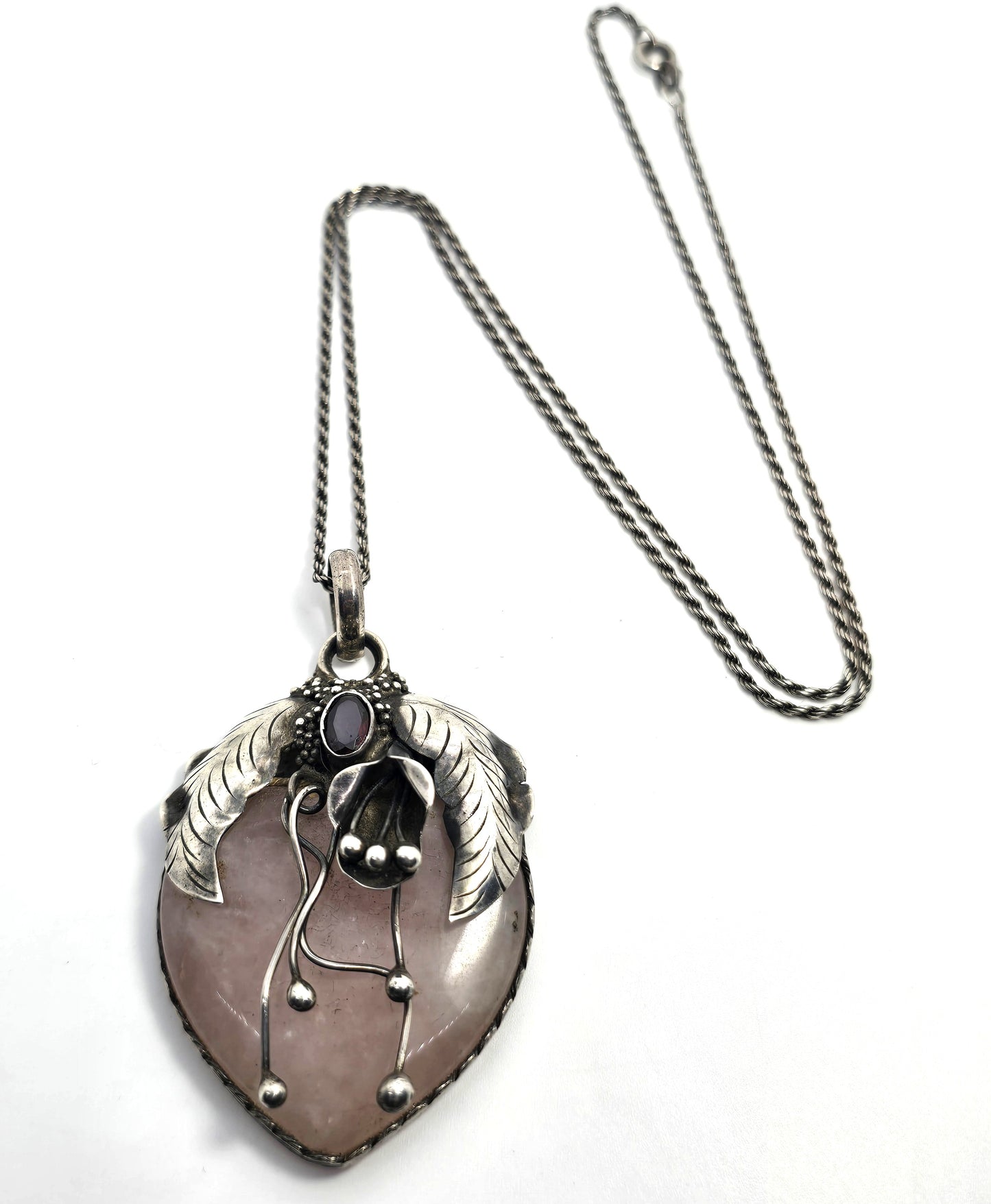 John & Ann Doran rose quartz garnet artisan pendant sterling silver necklace