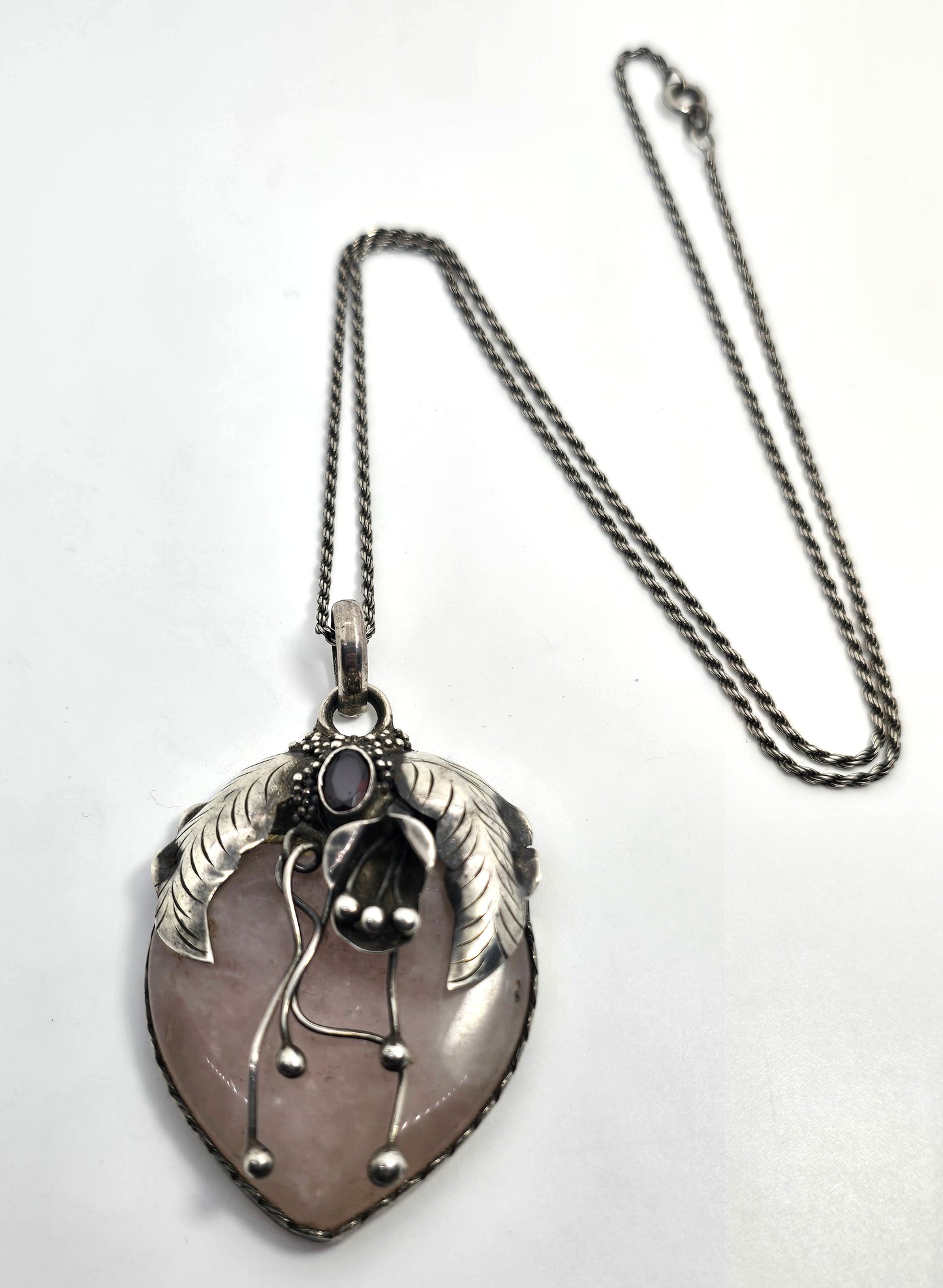 John & Ann Doran rose quartz garnet artisan pendant sterling silver necklace