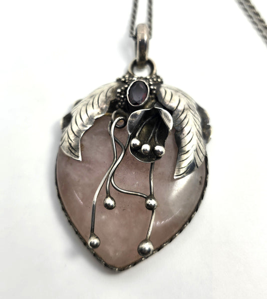 John & Ann Doran rose quartz garnet artisan pendant sterling silver necklace