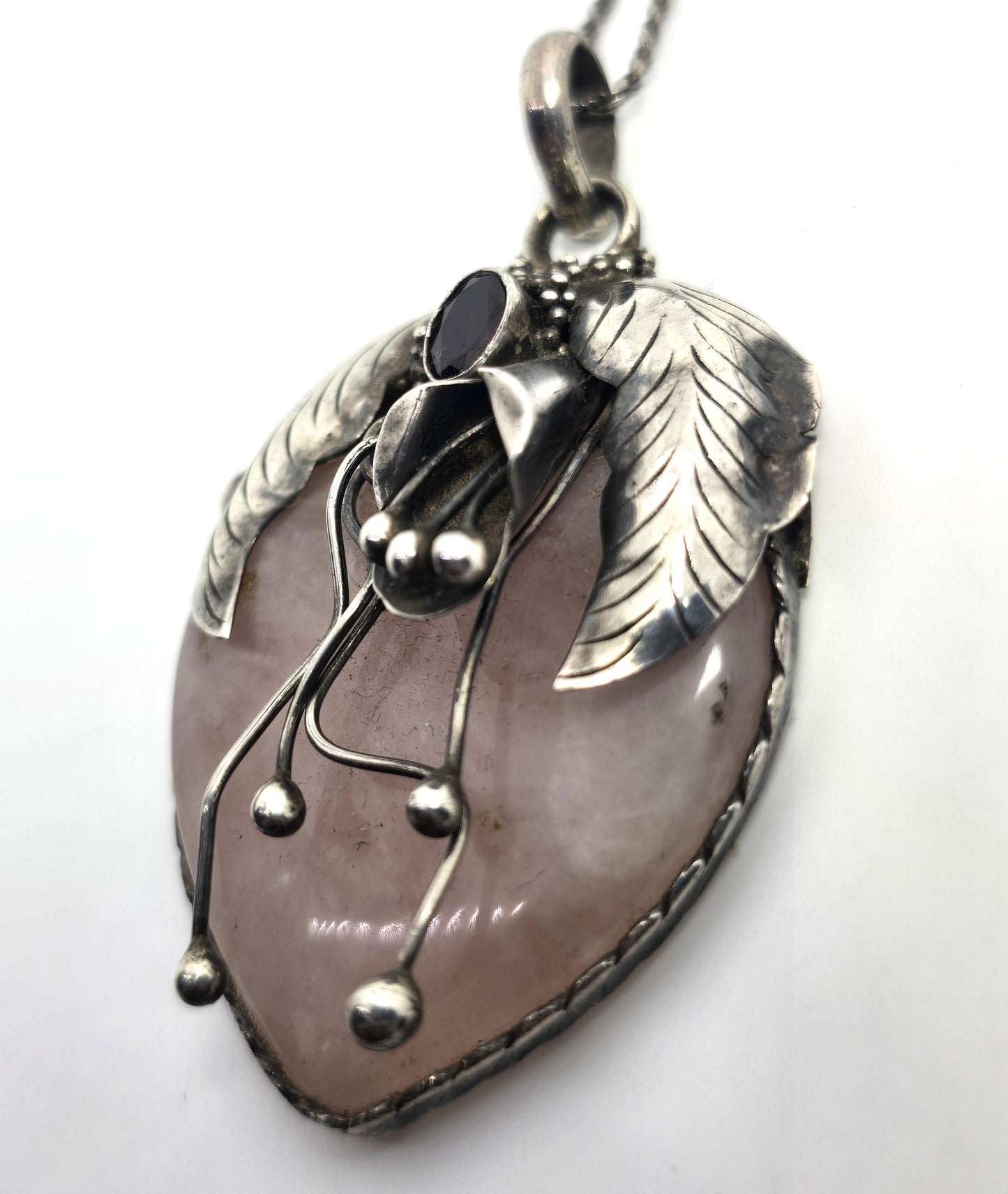 John & Ann Doran rose quartz garnet artisan pendant sterling silver necklace