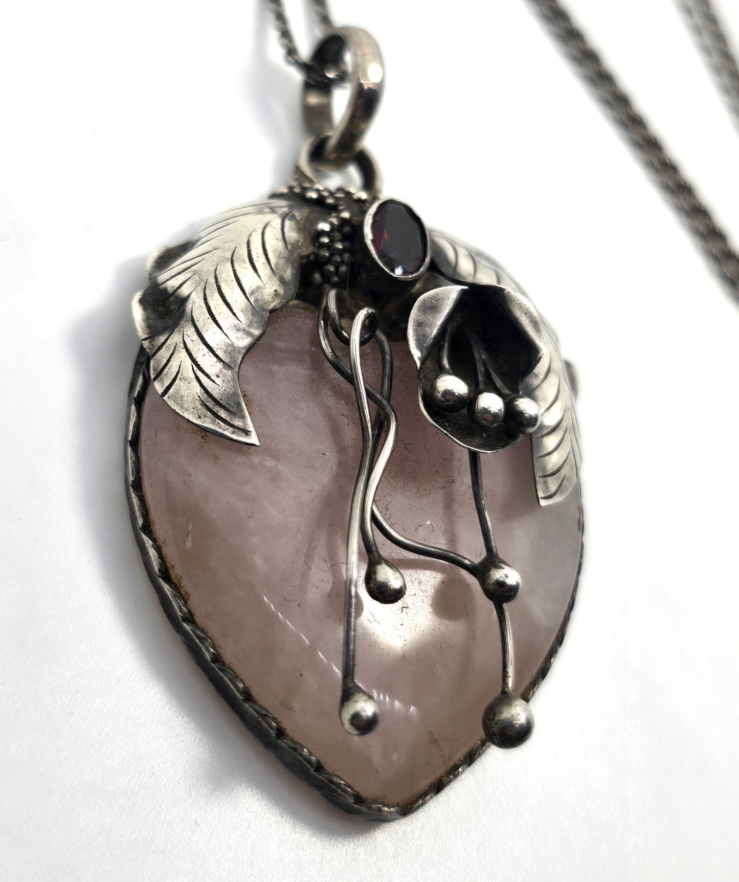John & Ann Doran rose quartz garnet artisan pendant sterling silver necklace