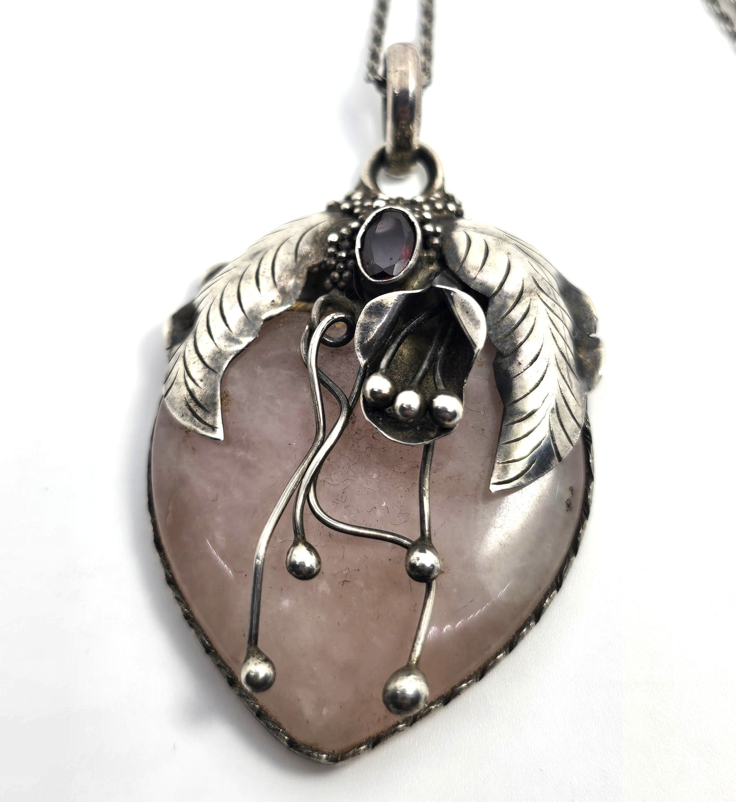 John & Ann Doran rose quartz garnet artisan pendant sterling silver necklace