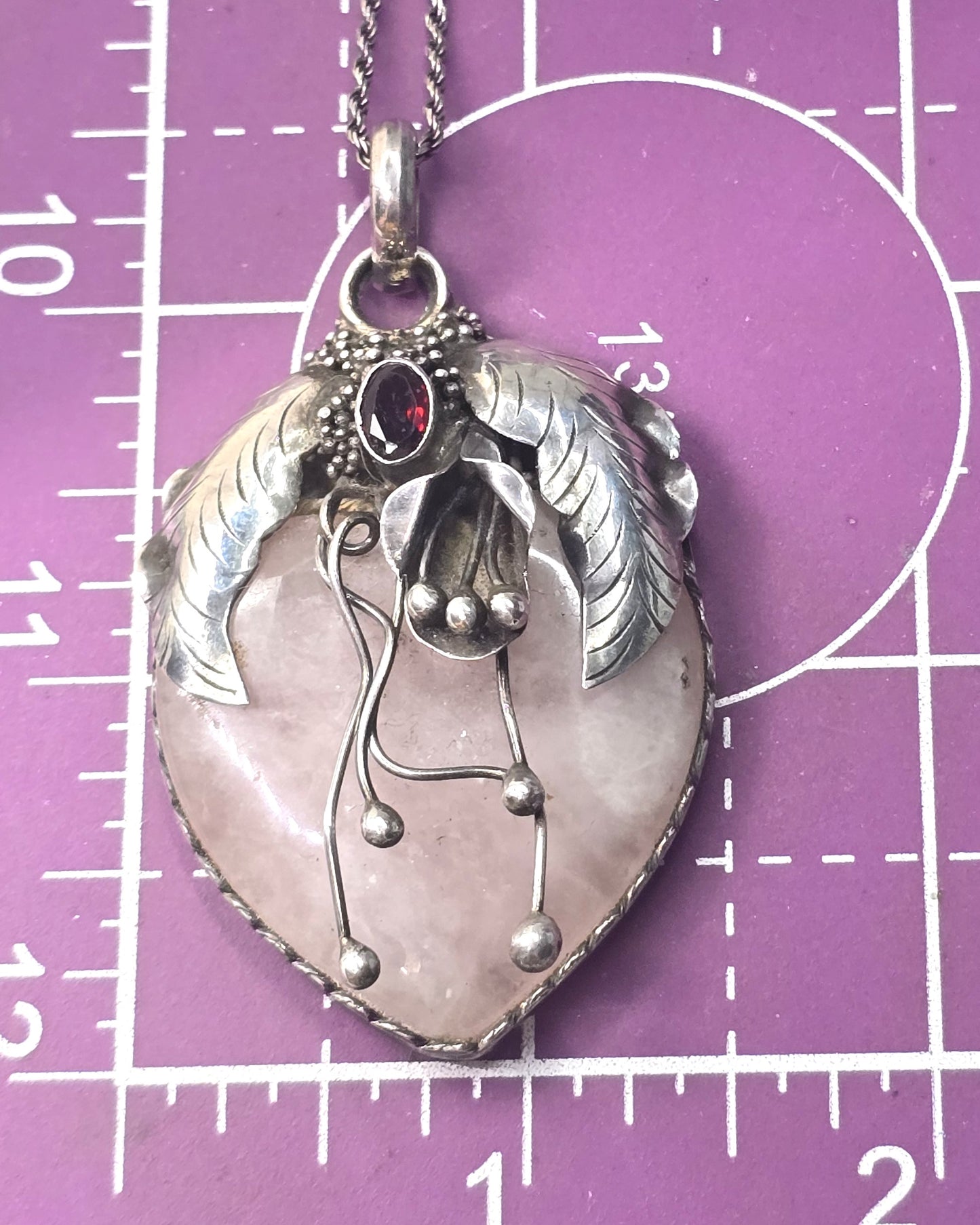 John & Ann Doran rose quartz garnet artisan pendant sterling silver necklace