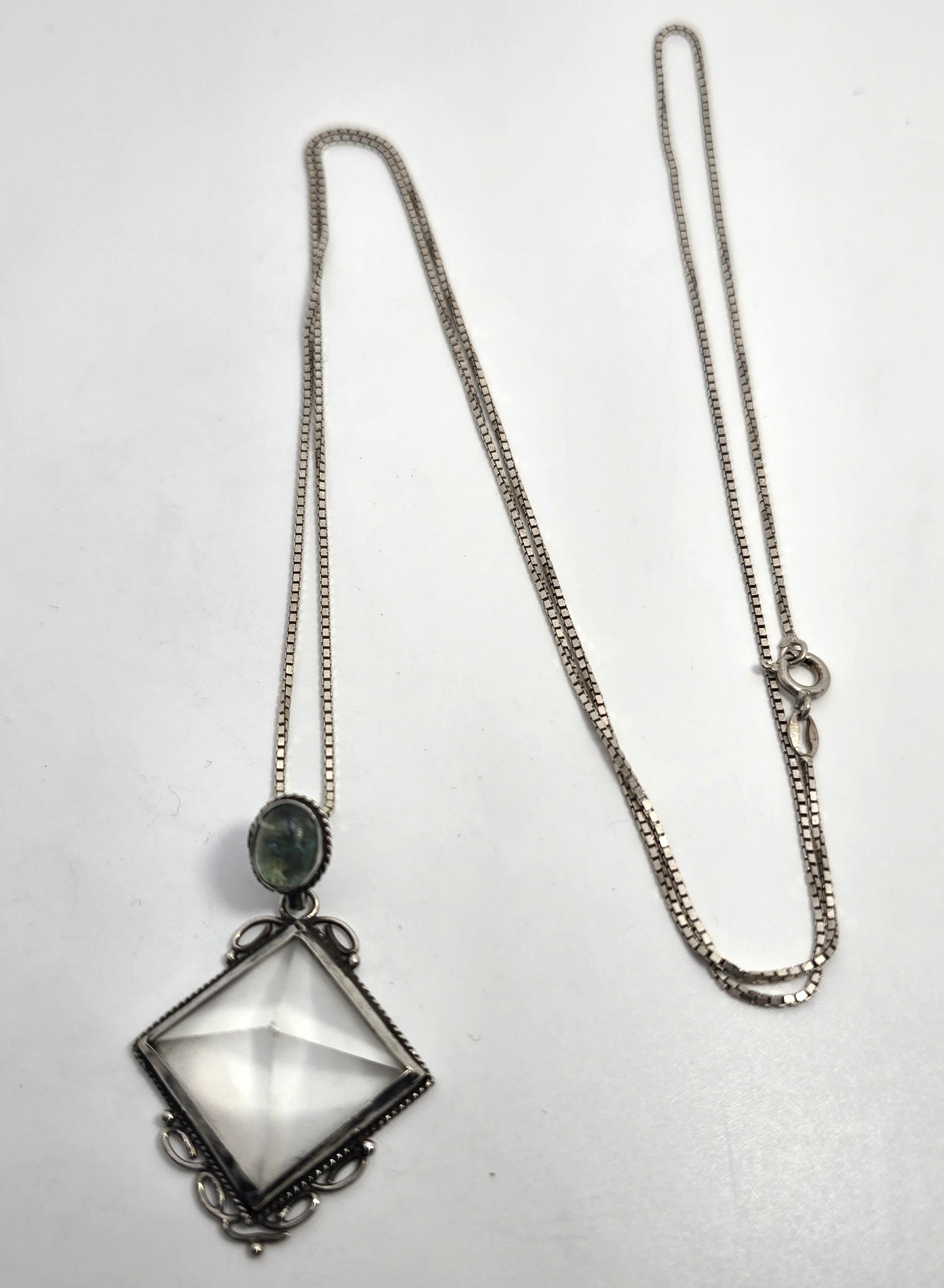Large clear quartz pyramid green prehnite sterling silver pendant necklace