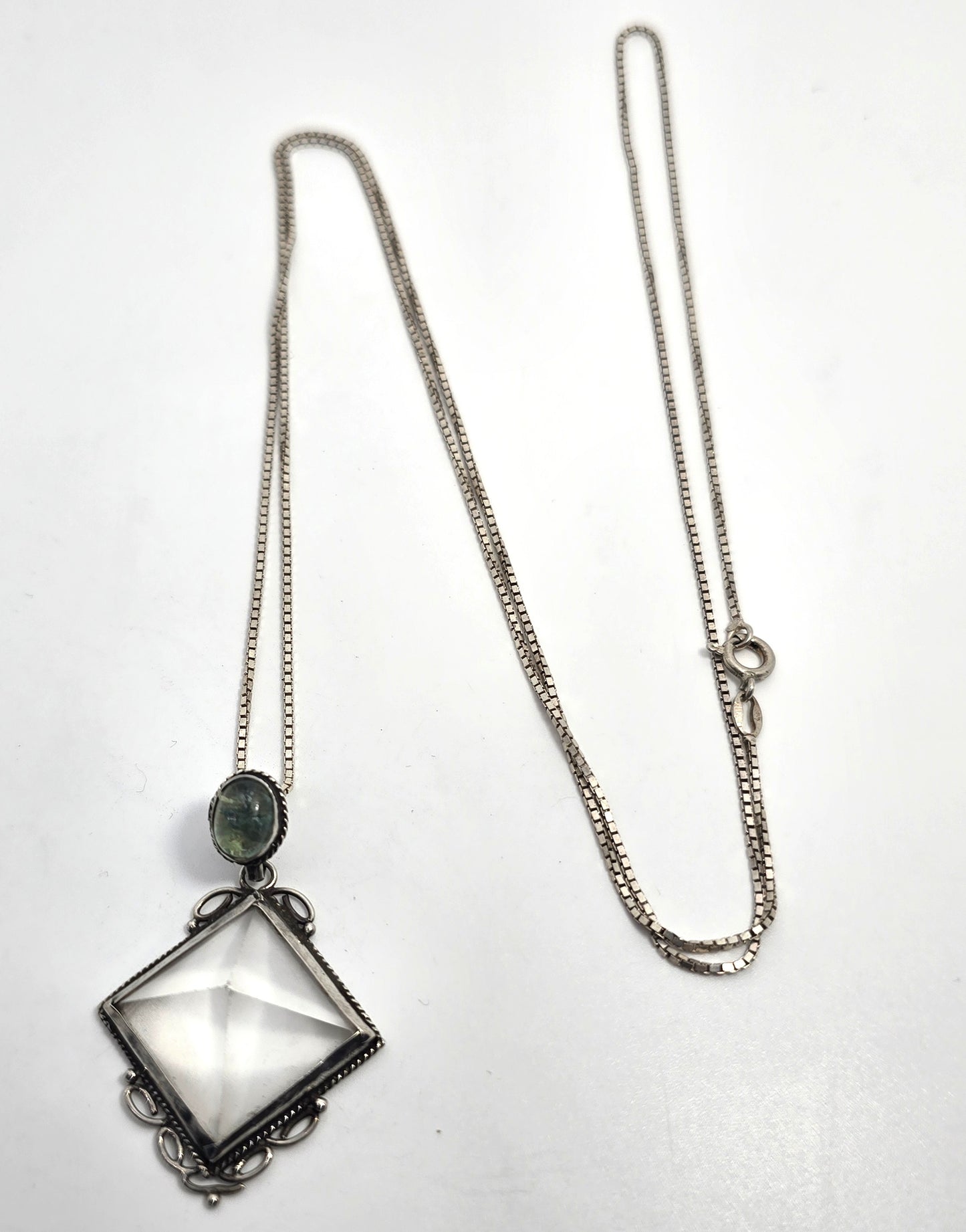 Large clear quartz pyramid green prehnite sterling silver pendant necklace