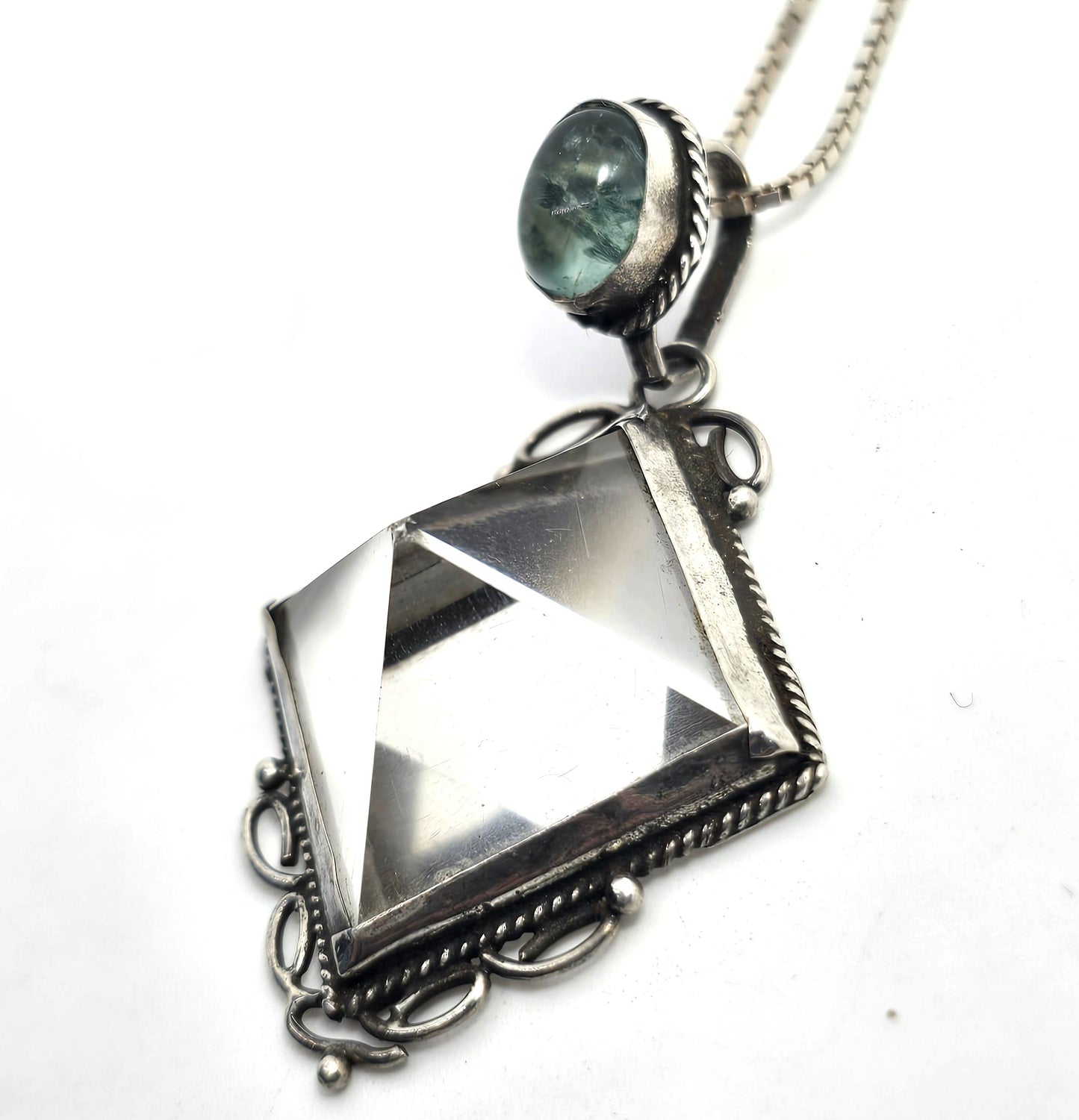 Large clear quartz pyramid green prehnite sterling silver pendant necklace